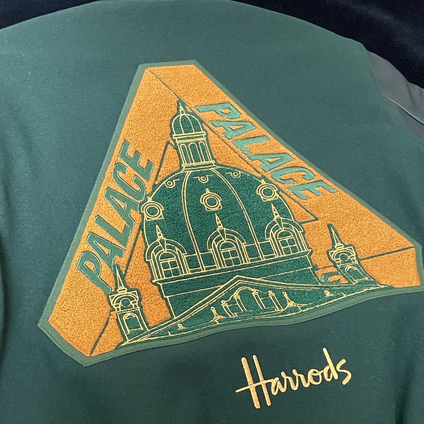 Palace x Harrods x Golden Bear Varsity Jacket Green - 21FW 착용 스타일 - 2