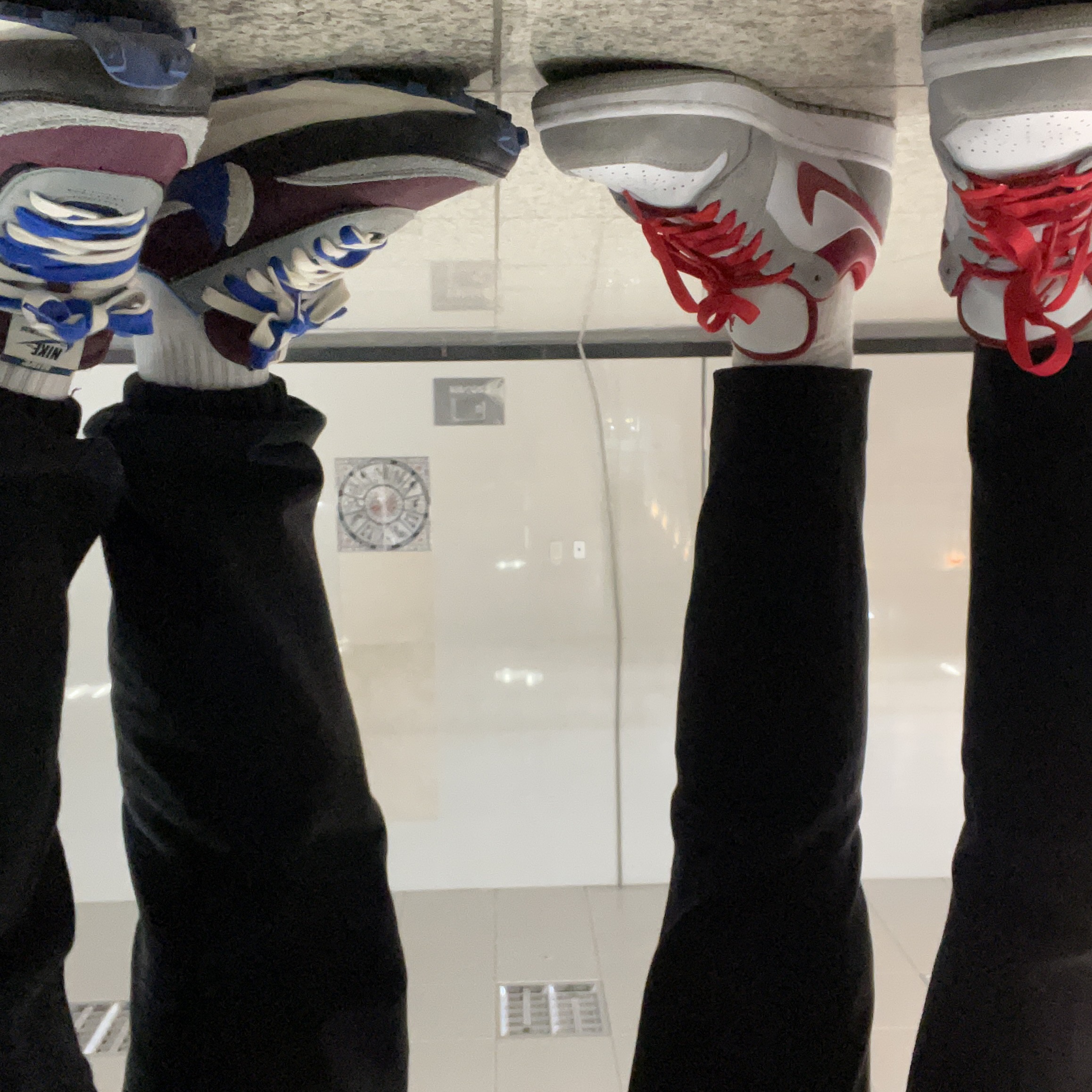 Nike x Sacai x Undercover LDWaffle Night Maroon Team Royal, Jordan 1 Low SE Light Smoke Grey Gym Red 착용 스타일 - 5