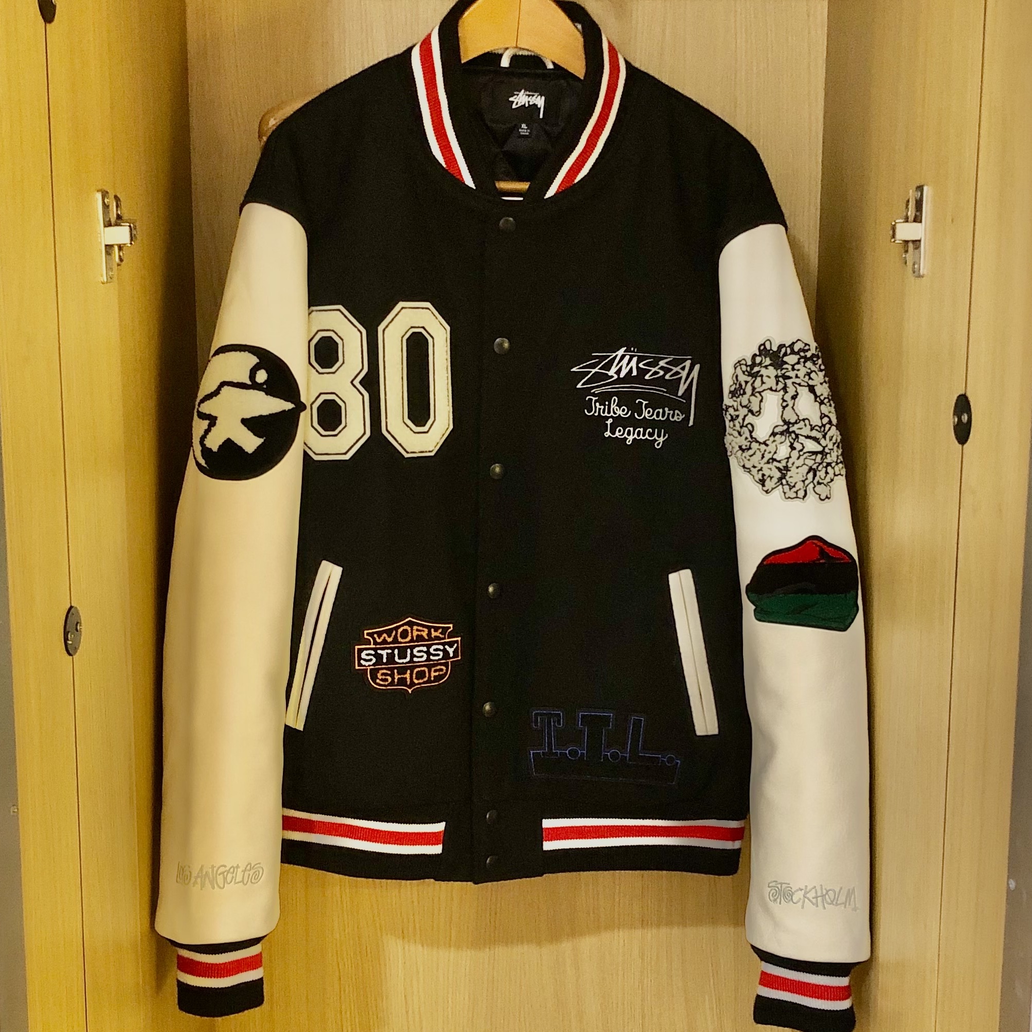 Stussy x Our Legacy x Denim Tears TTL Varsity Jacket Black 착용 스타일