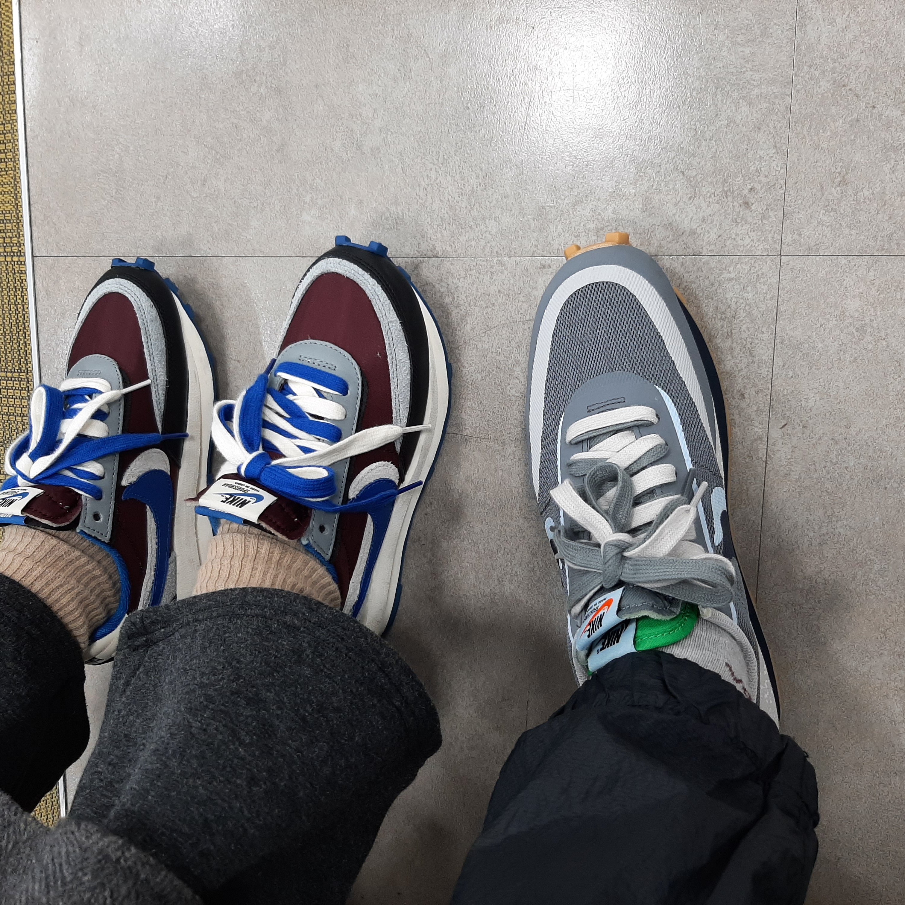 Nike x Sacai x Undercover LDWaffle Night Maroon Team Royal, Nike x Sacai x Clot LDWaffle Cool Grey 착용 스타일
