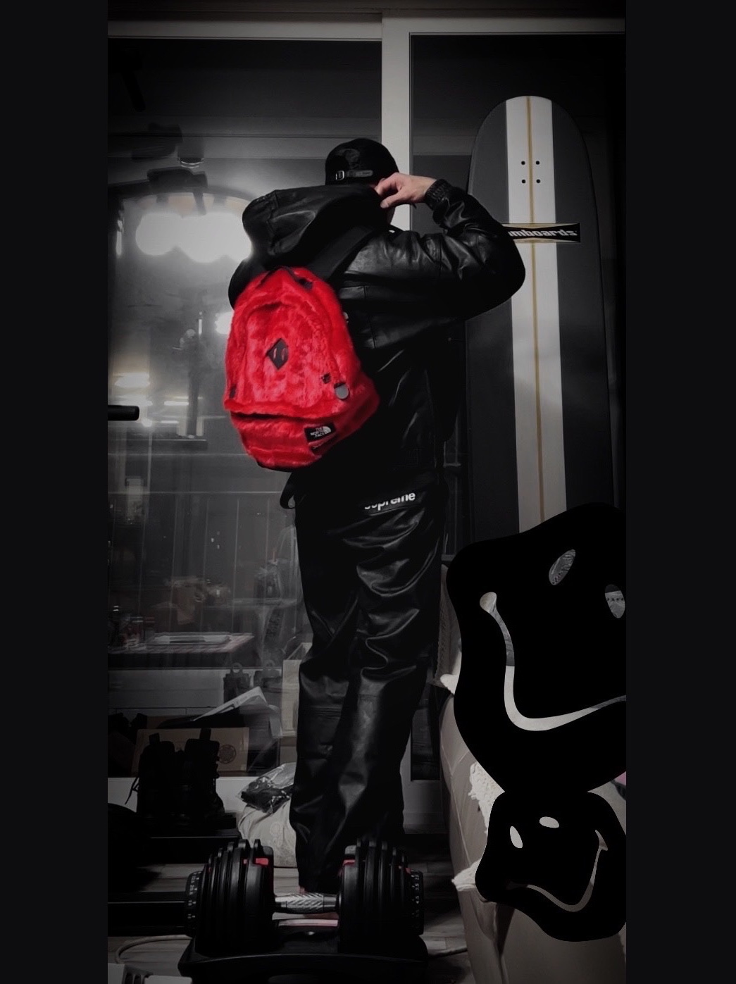 Supreme Leather Camp Cap Black - 21SS, Supreme x Nike Leather Anorak Black - 19FW 착용 스타일 - 2