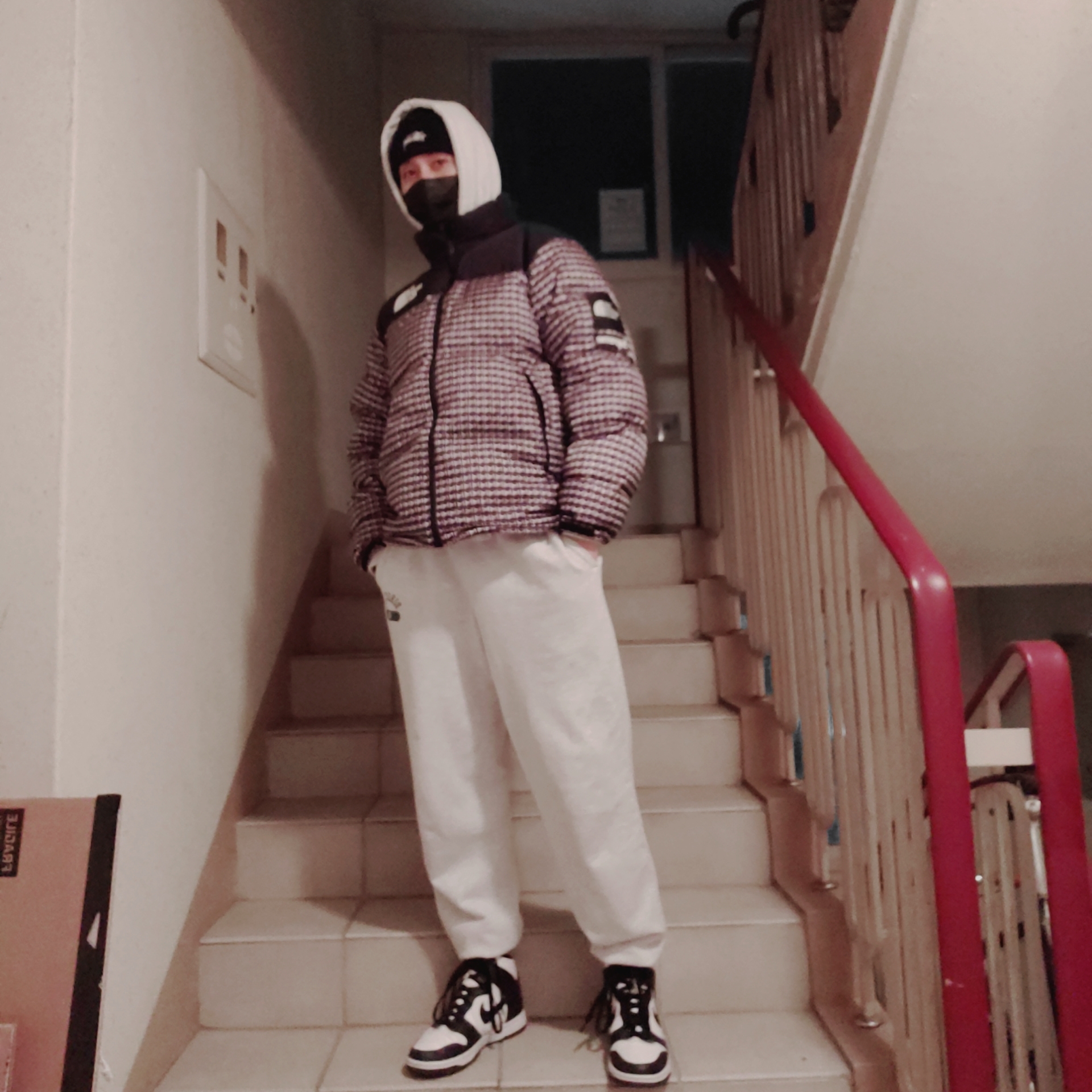 Supreme x The North Face Studded Nuptse Jacket Black - 21SS, Nike Dunk High Retro Black and White 착용 스타일