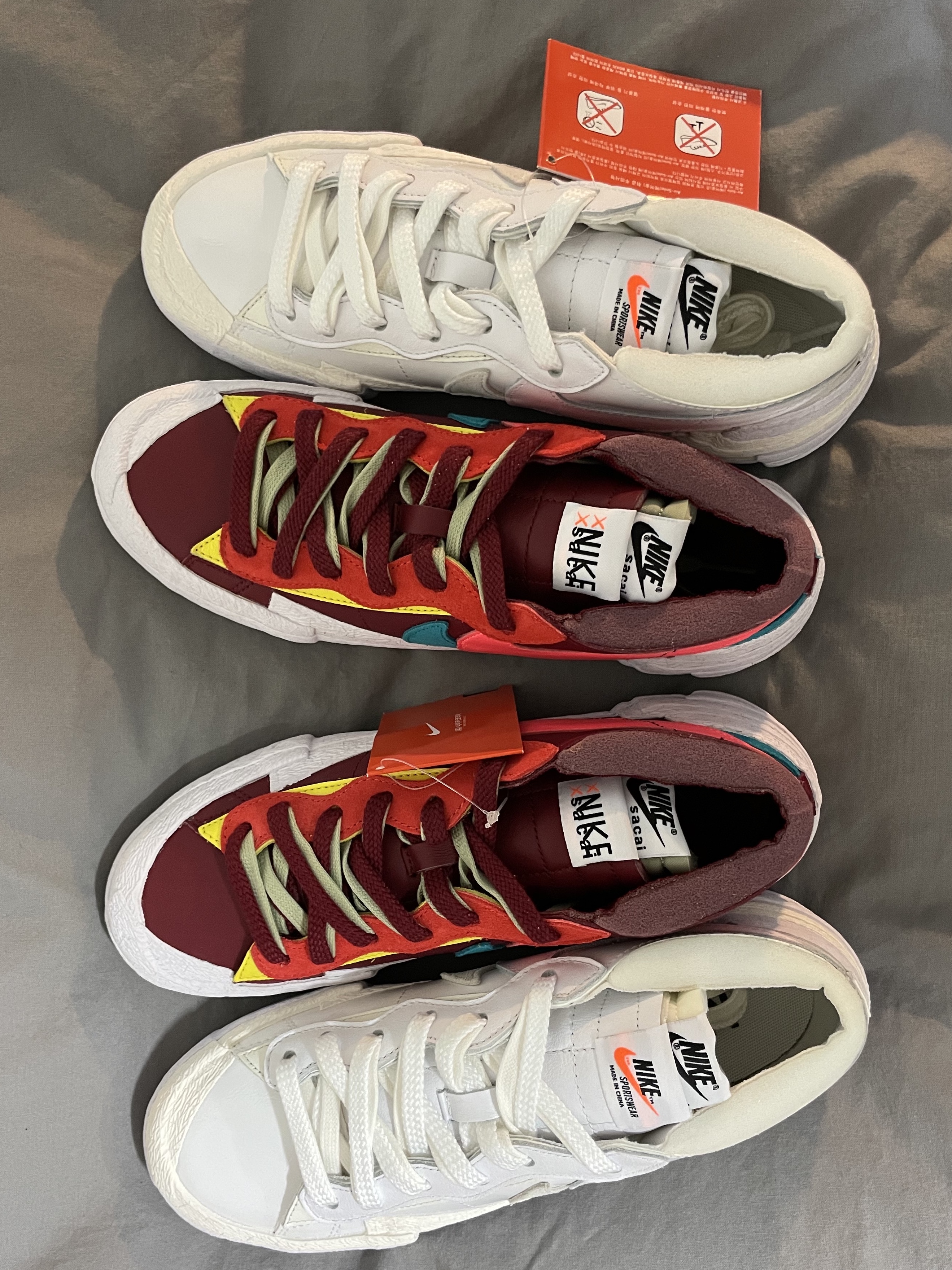 Nike x Sacai Blazer Low White Patent Leather, Nike x Sacai x Kaws Blazer Low Team Red 착용 스타일