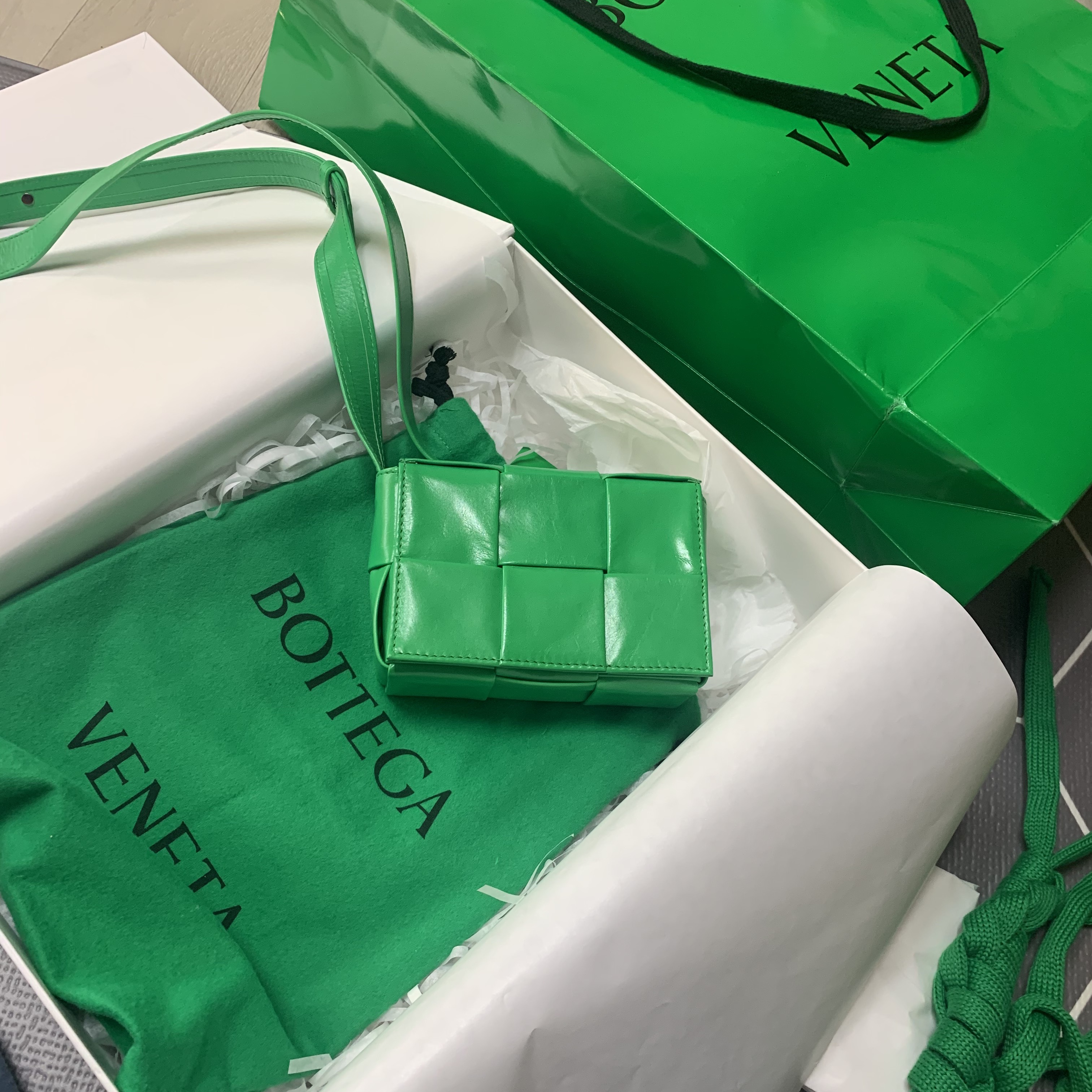 Bottega Veneta Mini Leather Cassette Parakeet 착용 스타일