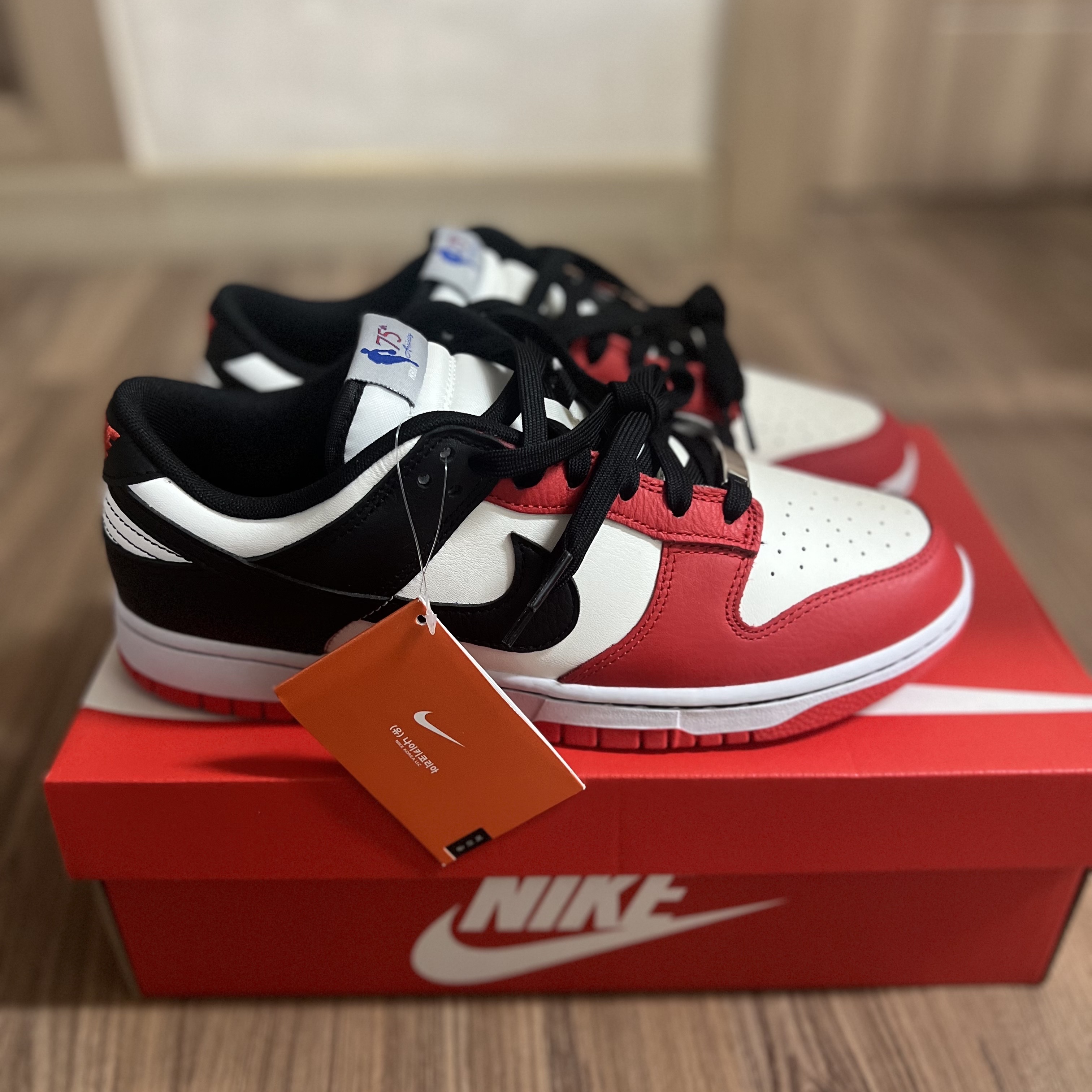 Nike x NBA Dunk Low Retro EMB Black and Chile Red 착용 스타일