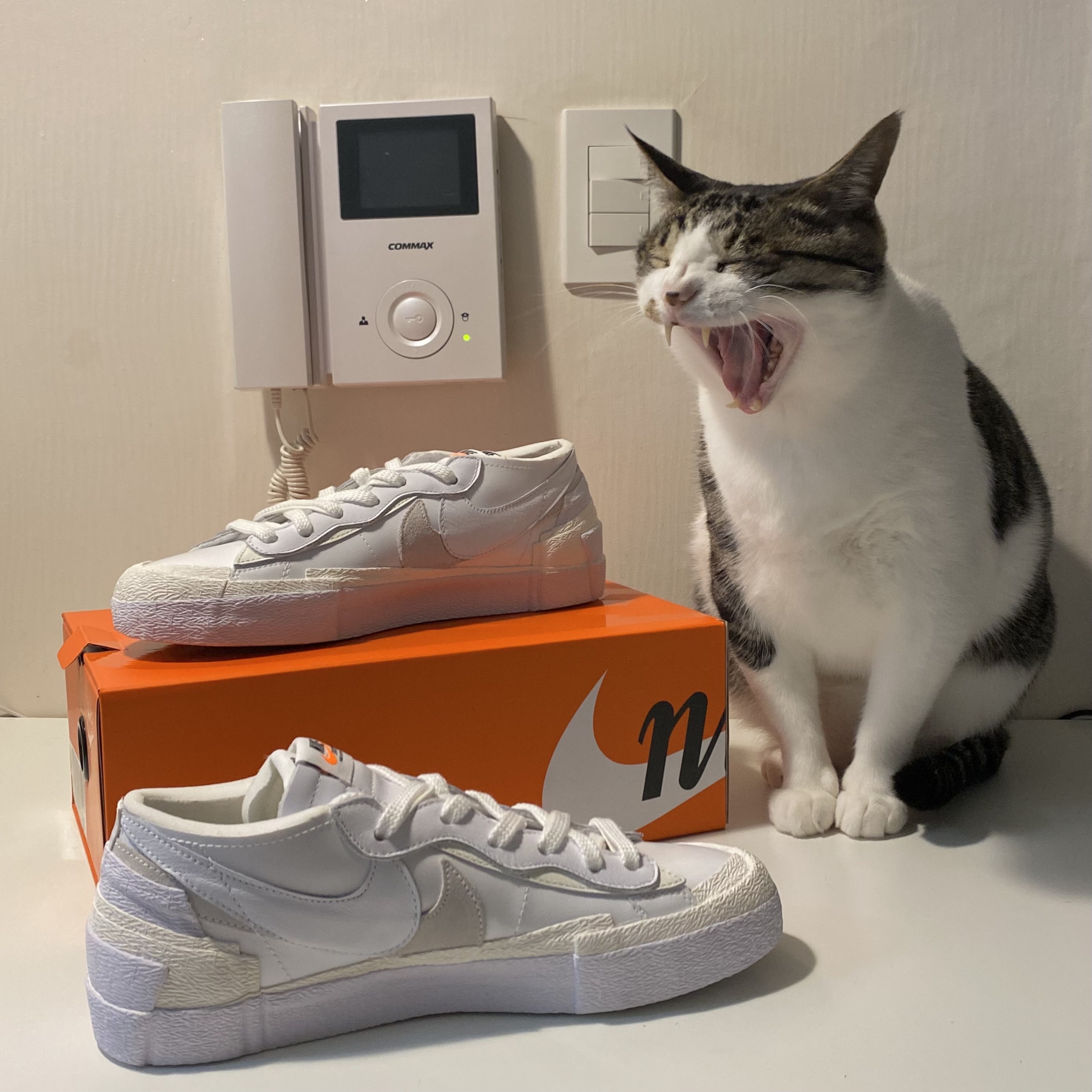Nike x Sacai Blazer Low White Patent Leather 착용 스타일 - 2