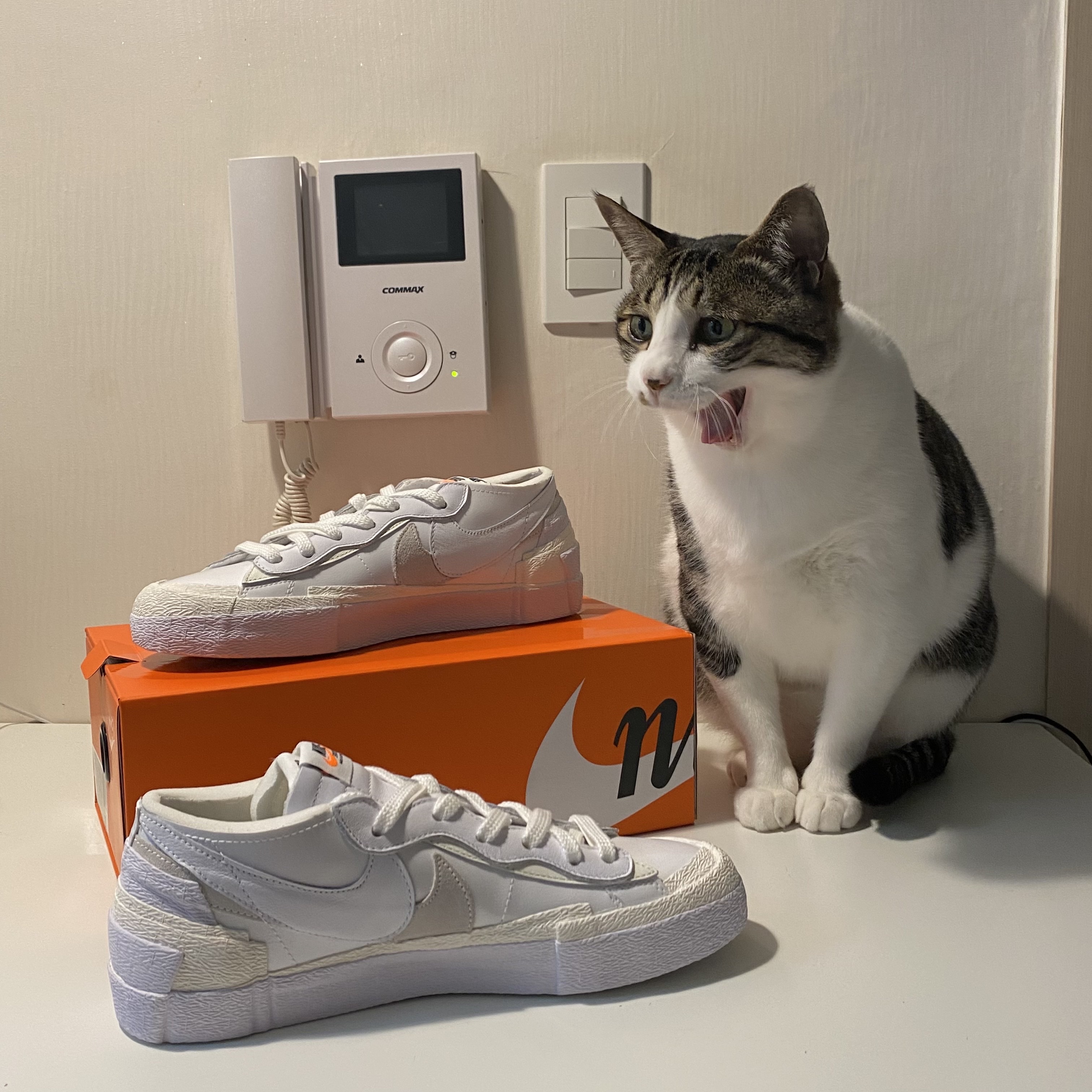Nike x Sacai Blazer Low White Patent Leather 착용 스타일 - 1