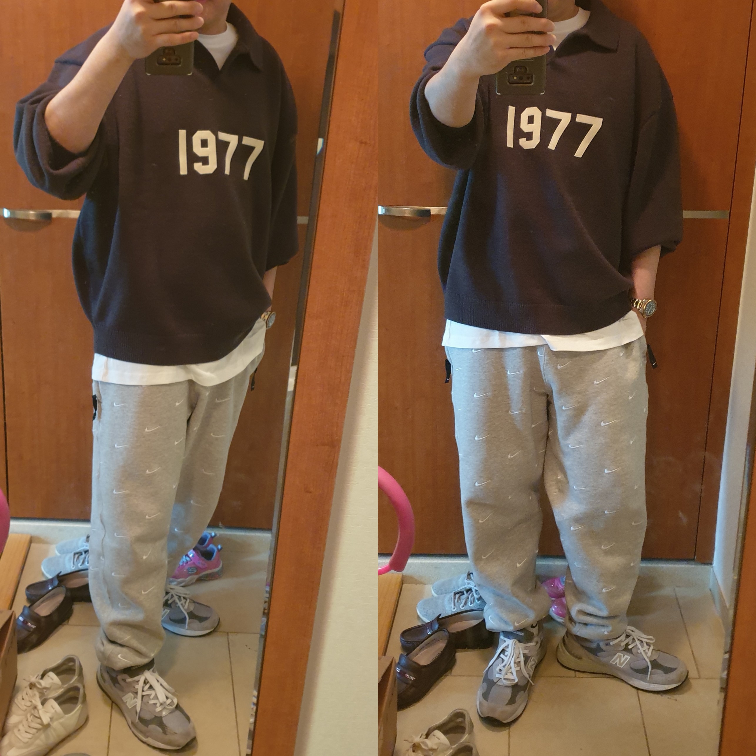 Essentials 1977 Knit Long Sleeve Polo Iron - 22SS, Nike NRG Swoosh Logo Pants Grey Heather 착용 스타일
