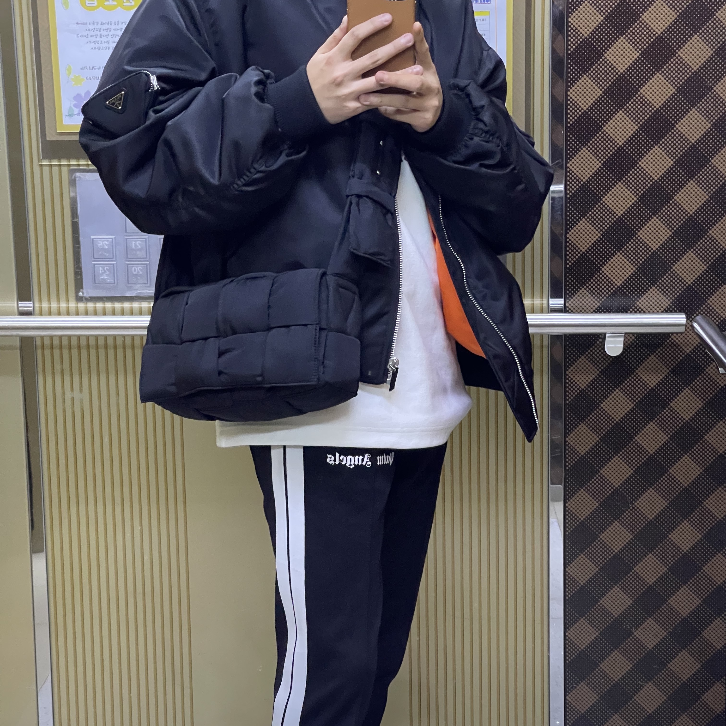 Prada Re-Nylon Bomber Jacket Black, Bottega Veneta Padded Tech Cassette Black 착용 스타일 - 1