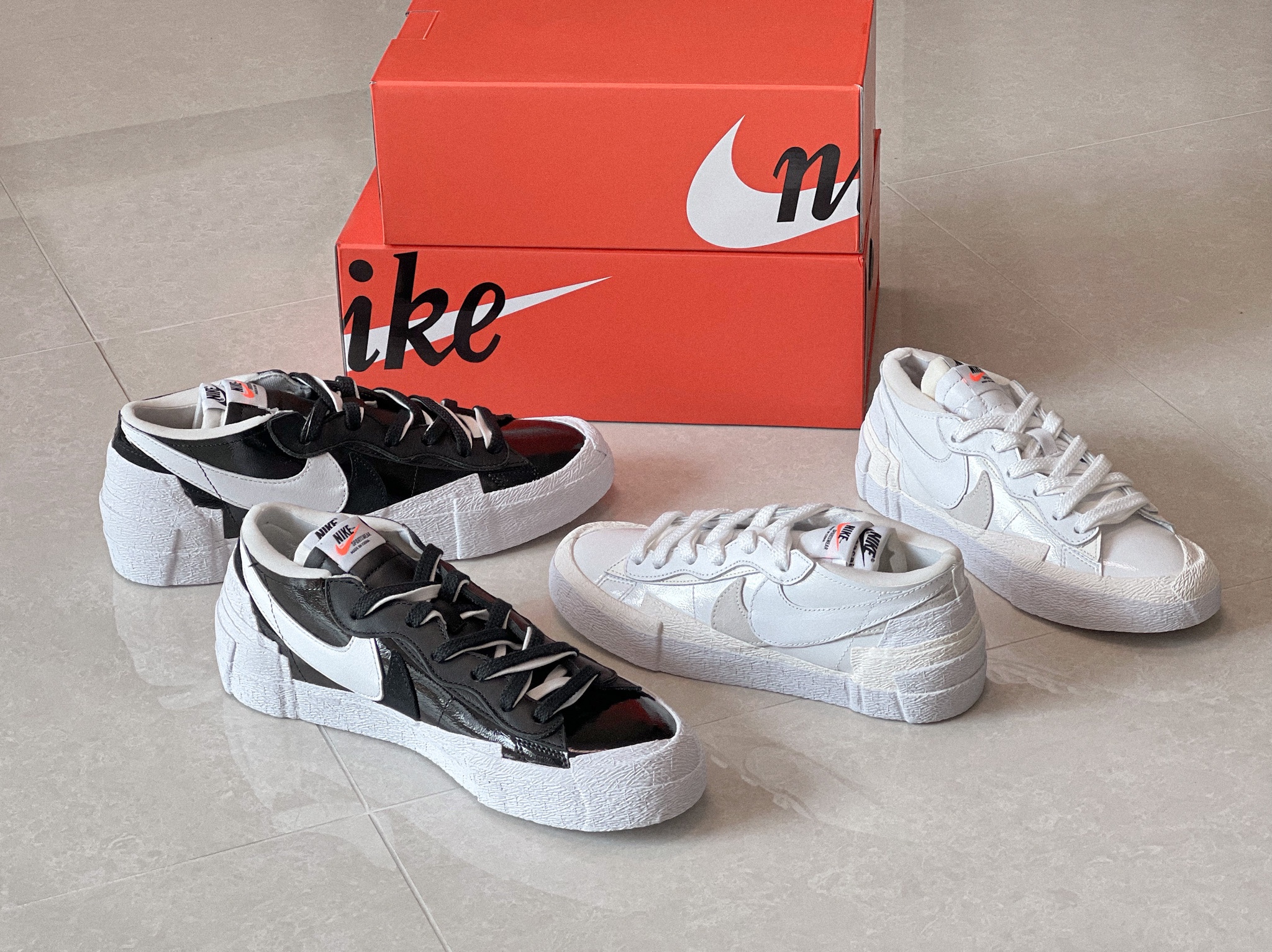Nike x Sacai Blazer Low White Patent Leather, Nike x Sacai Blazer Low Black Patent Leather 착용 스타일