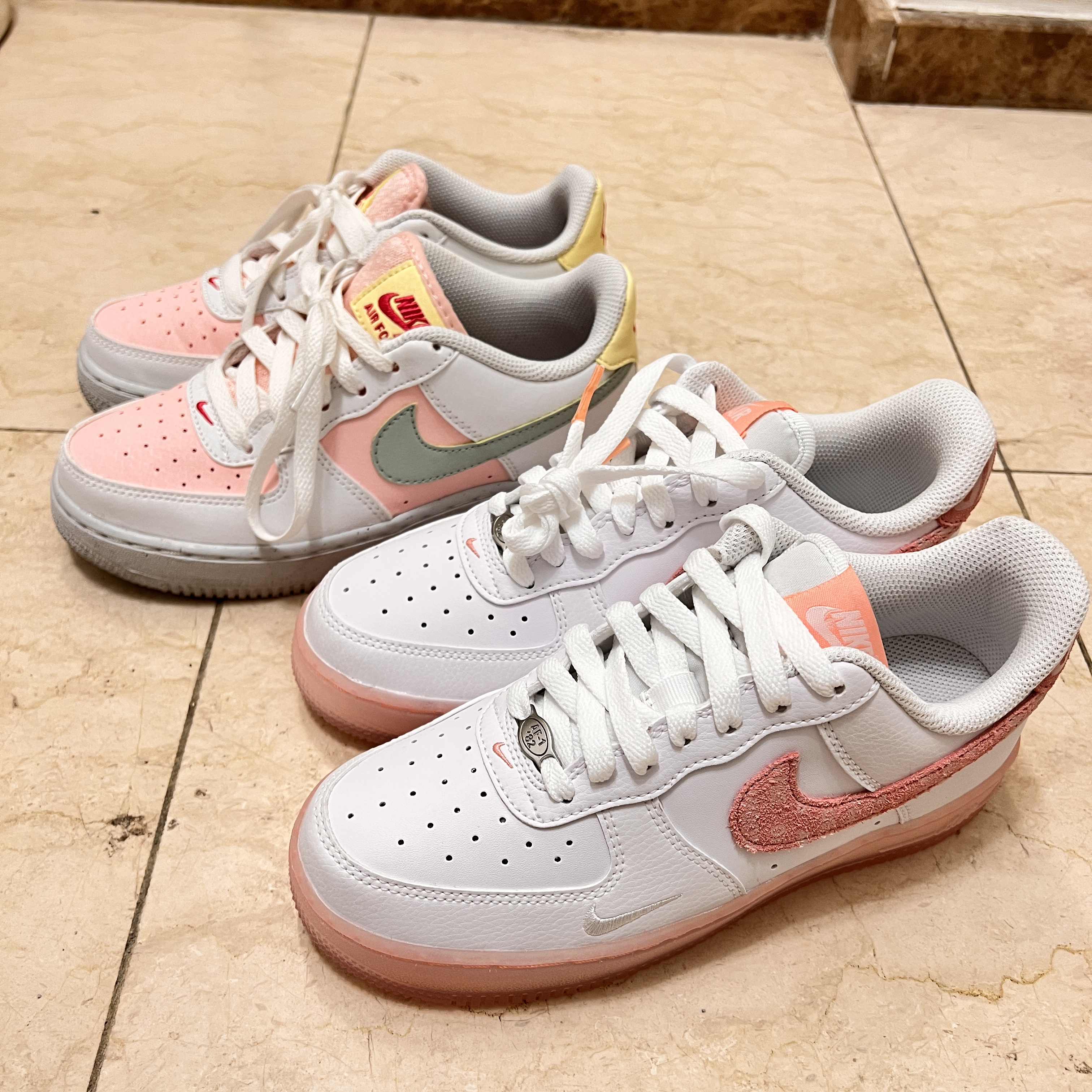 (W) Nike Air Force 1 '07 LV8 Copy and Paste, (W) Nike Air Force 1 '07 SE Next Nature White Pink Oxford 착용 스타일