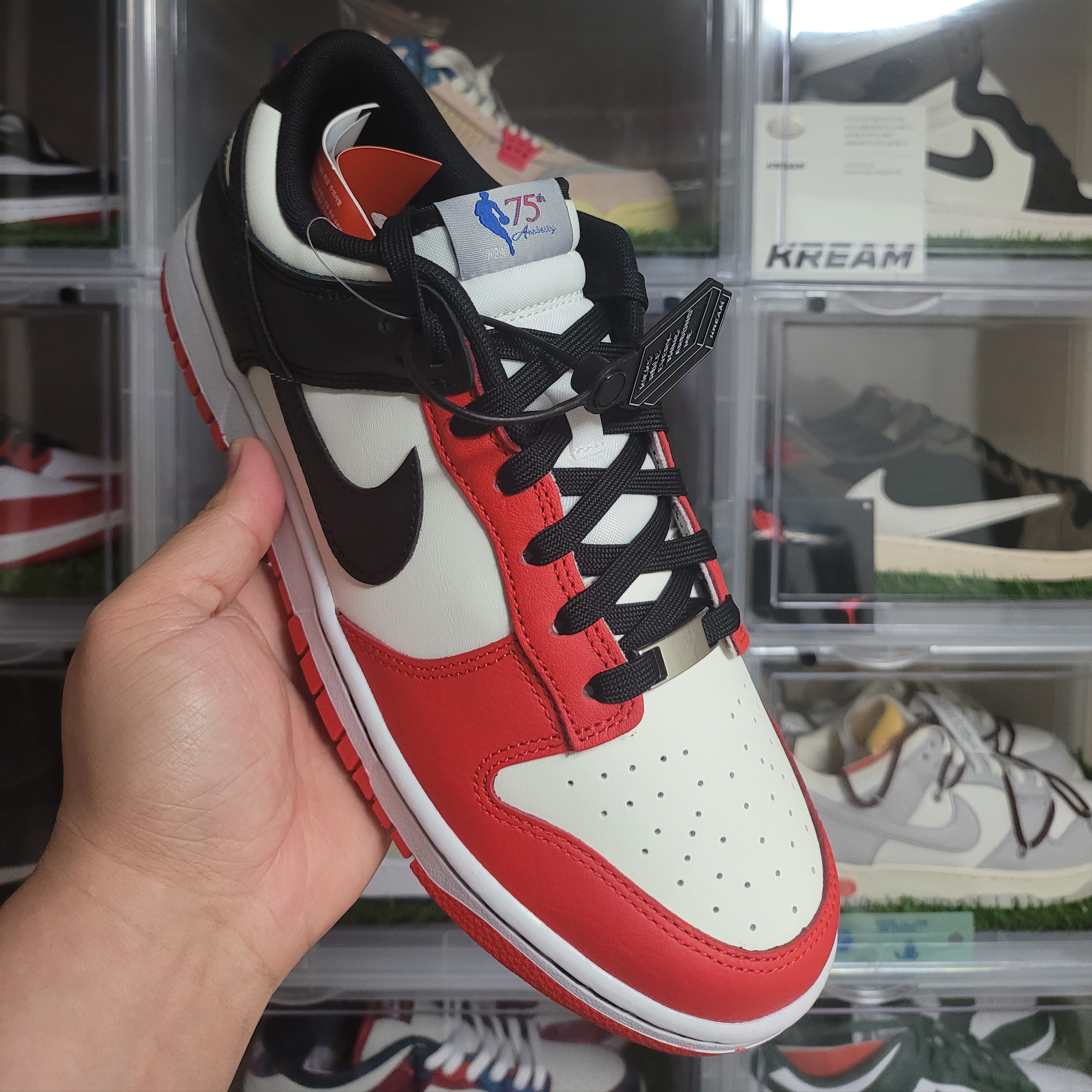 Nike x NBA Dunk Low Retro EMB Black and Chile Red 착용 스타일 - 3
