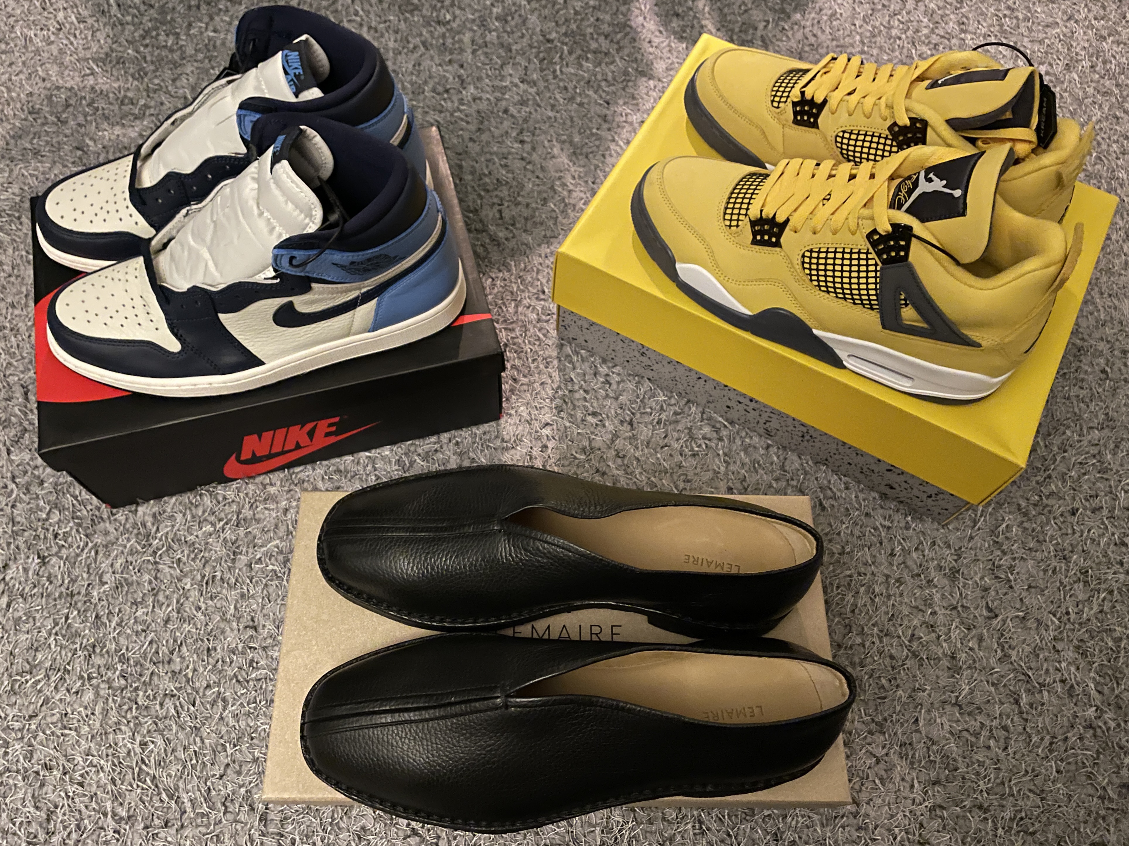 Jordan 1 Retro High Obsidian UNC, Jordan 4 Retro Tour Yellow 착용 스타일