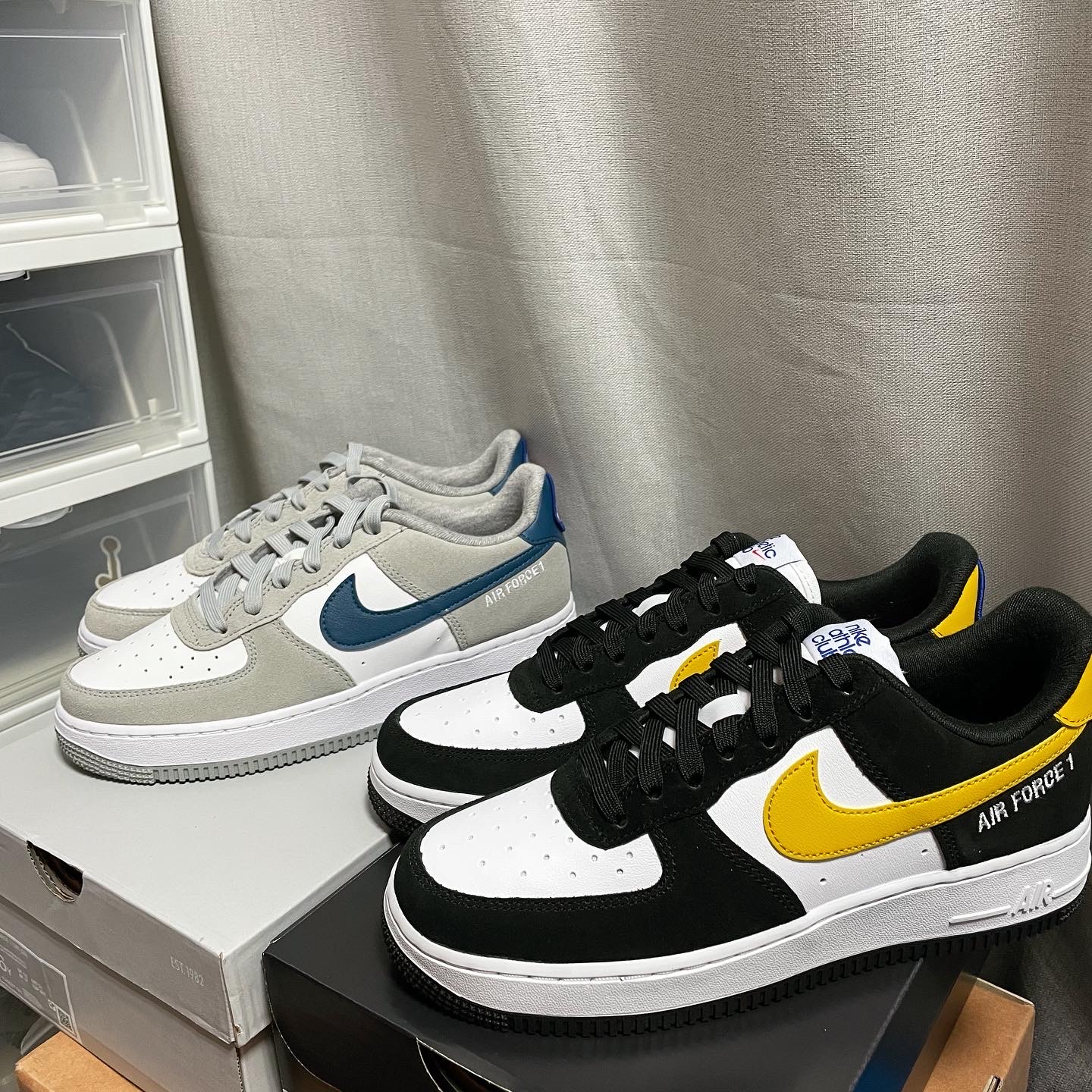 (GS) Nike Air Force 1 LV8 Athletic Club Black Dark Sulfur, (GS) Nike Air Force 1 LV8 Athletic Club Light Smoke Grey Marina 착용 스타일 - 1