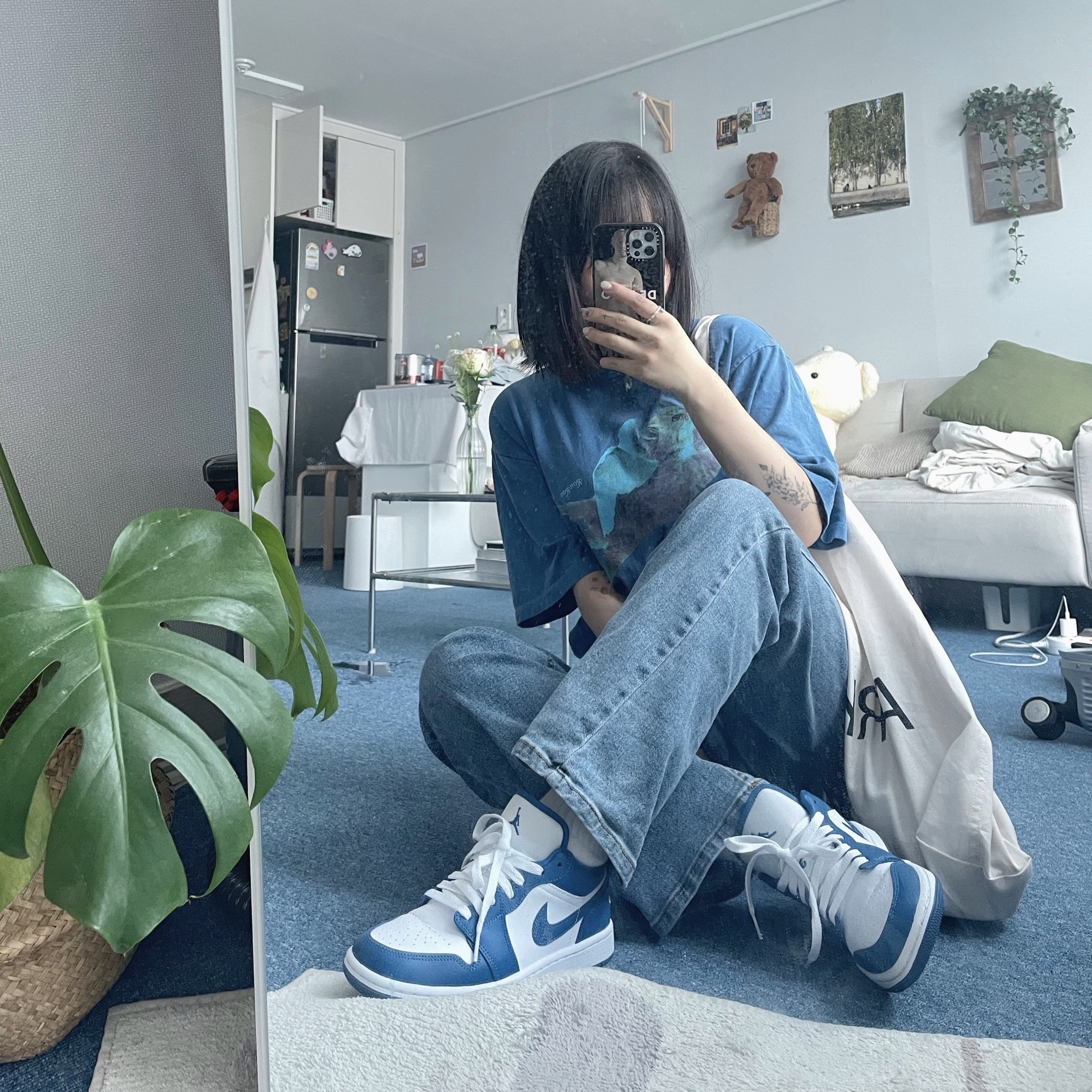 (W) Jordan 1 Low White Dark Marina Blue, Nike x Peaceminusone Kwondo1 White 착용 스타일 - 1