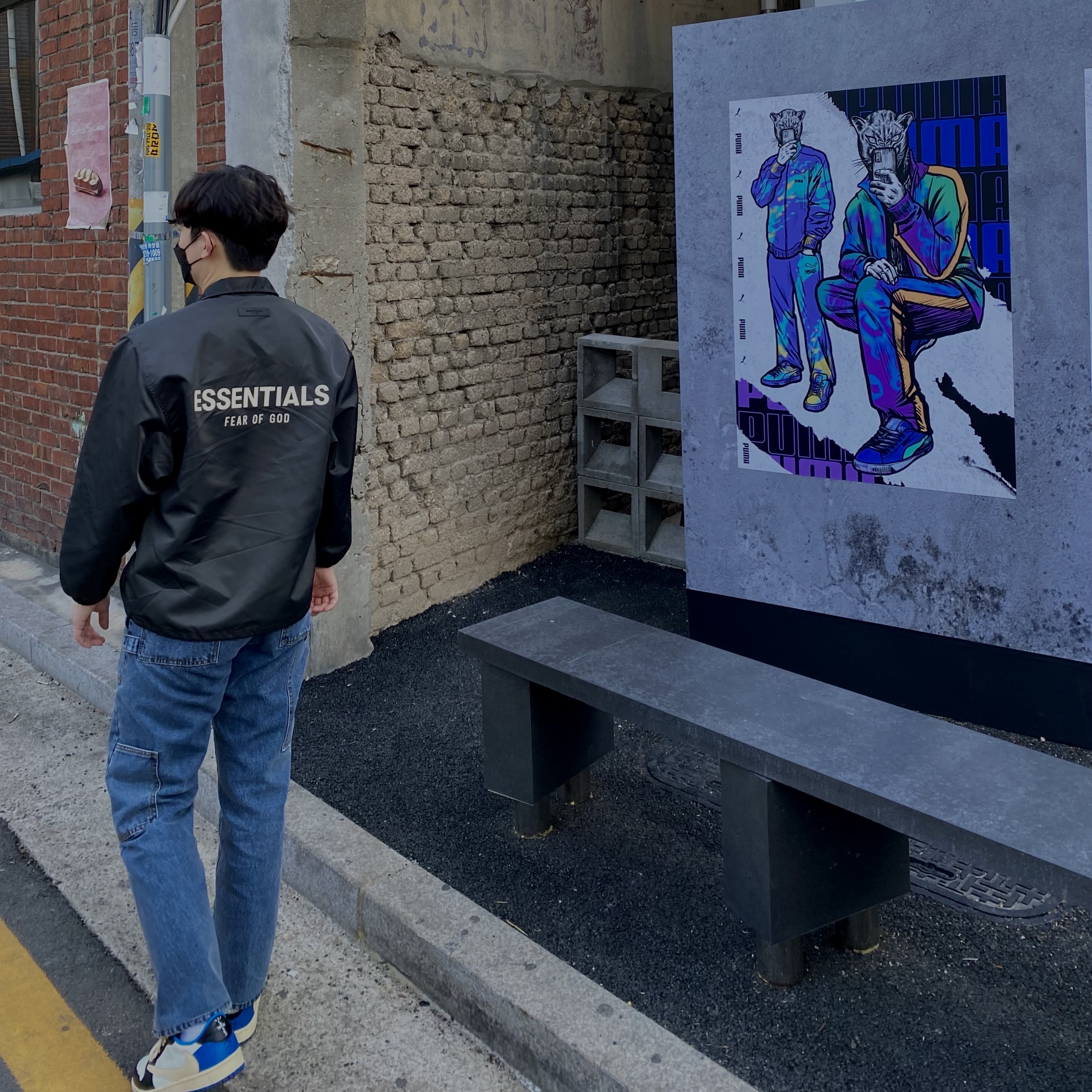 Jordan 1 x Travis Scott x Fragment Retro Low OG SP Military Blue, Essentials Coaches Jacket Iron - 22SS 착용 스타일