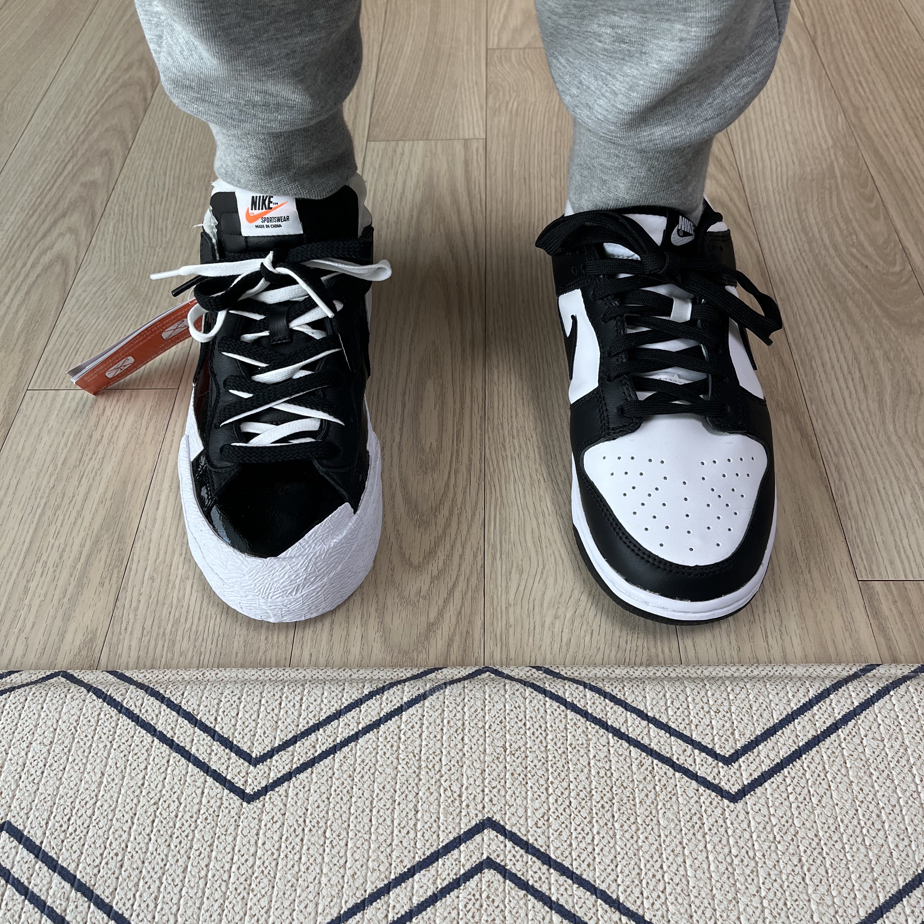Nike Dunk Low Retro Black, Nike x Sacai Blazer Low Black Patent Leather 착용 스타일