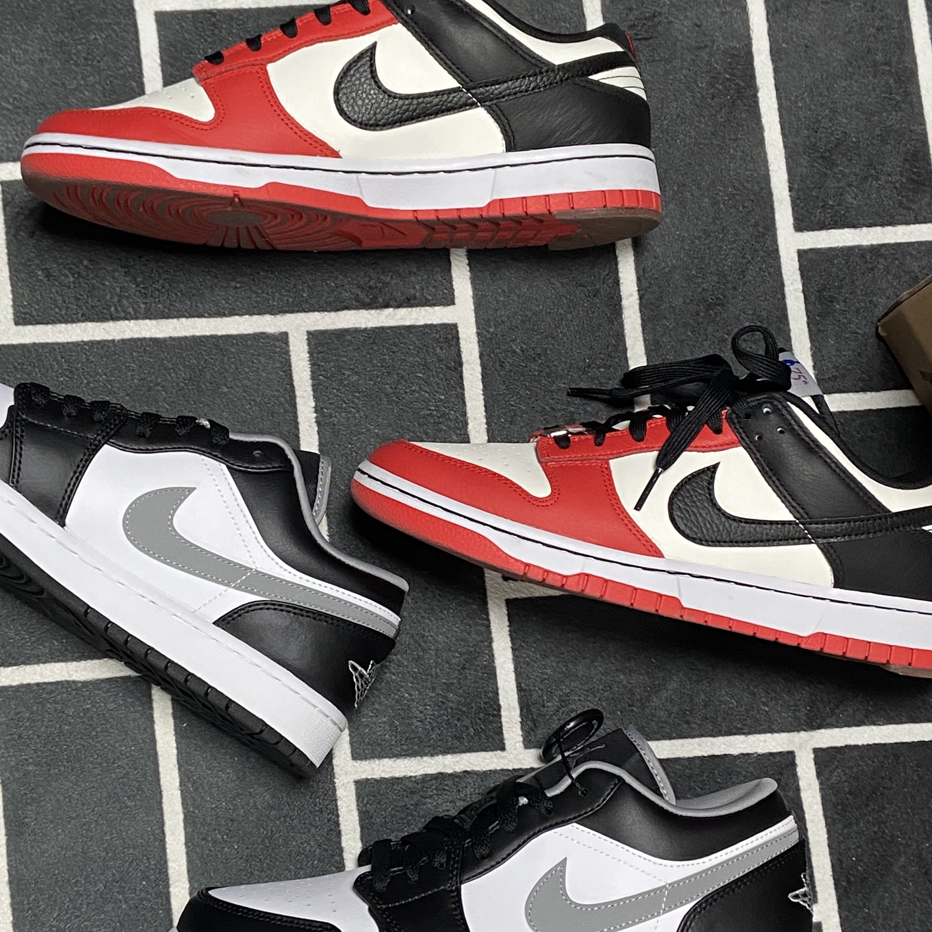 Nike x NBA Dunk Low Retro EMB Black and Chile Red, Jordan 1 Low Black Particle Grey 착용 스타일