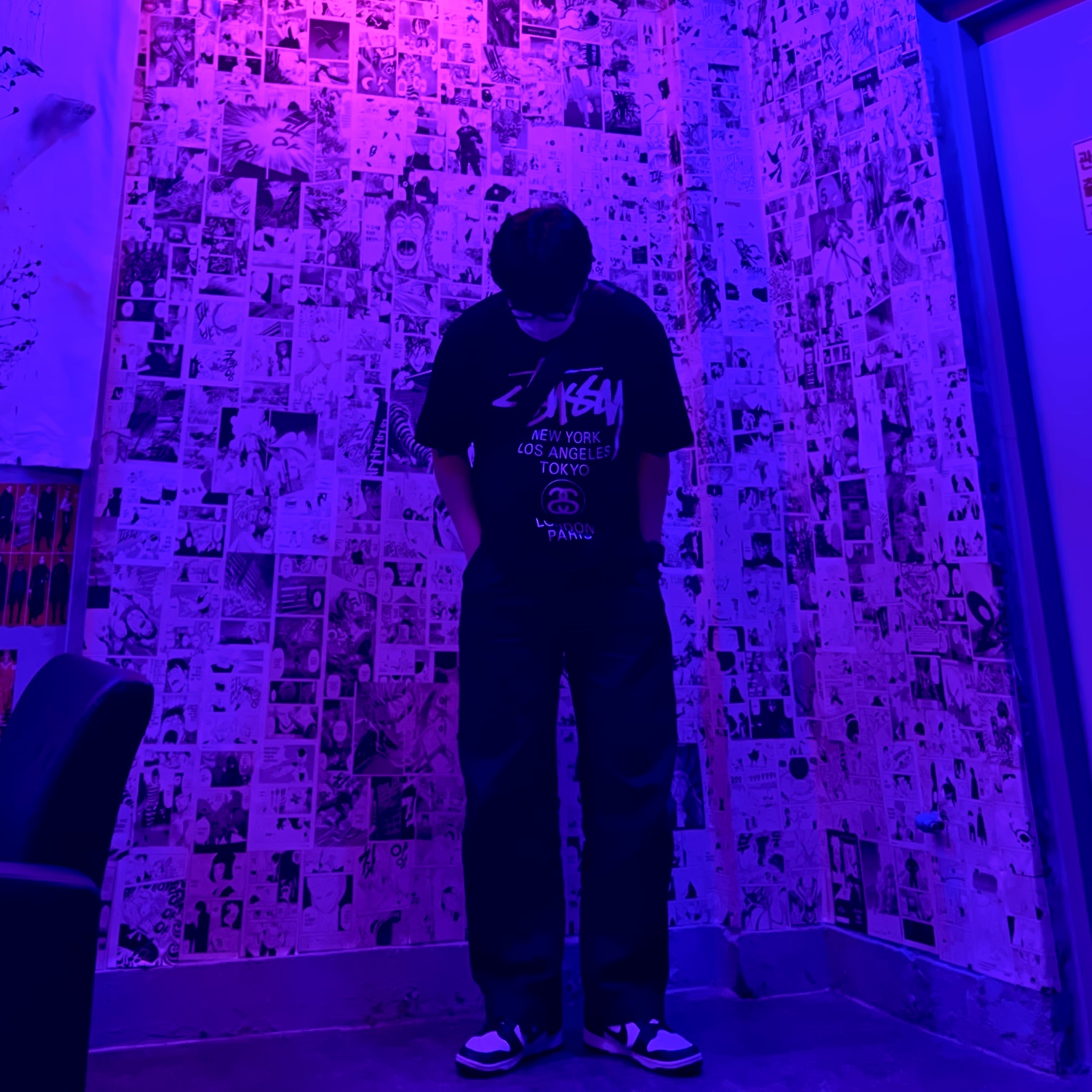 Stussy World Tour T-Shirt Black, Nike Dunk Low Retro Black 착용 스타일 - 1