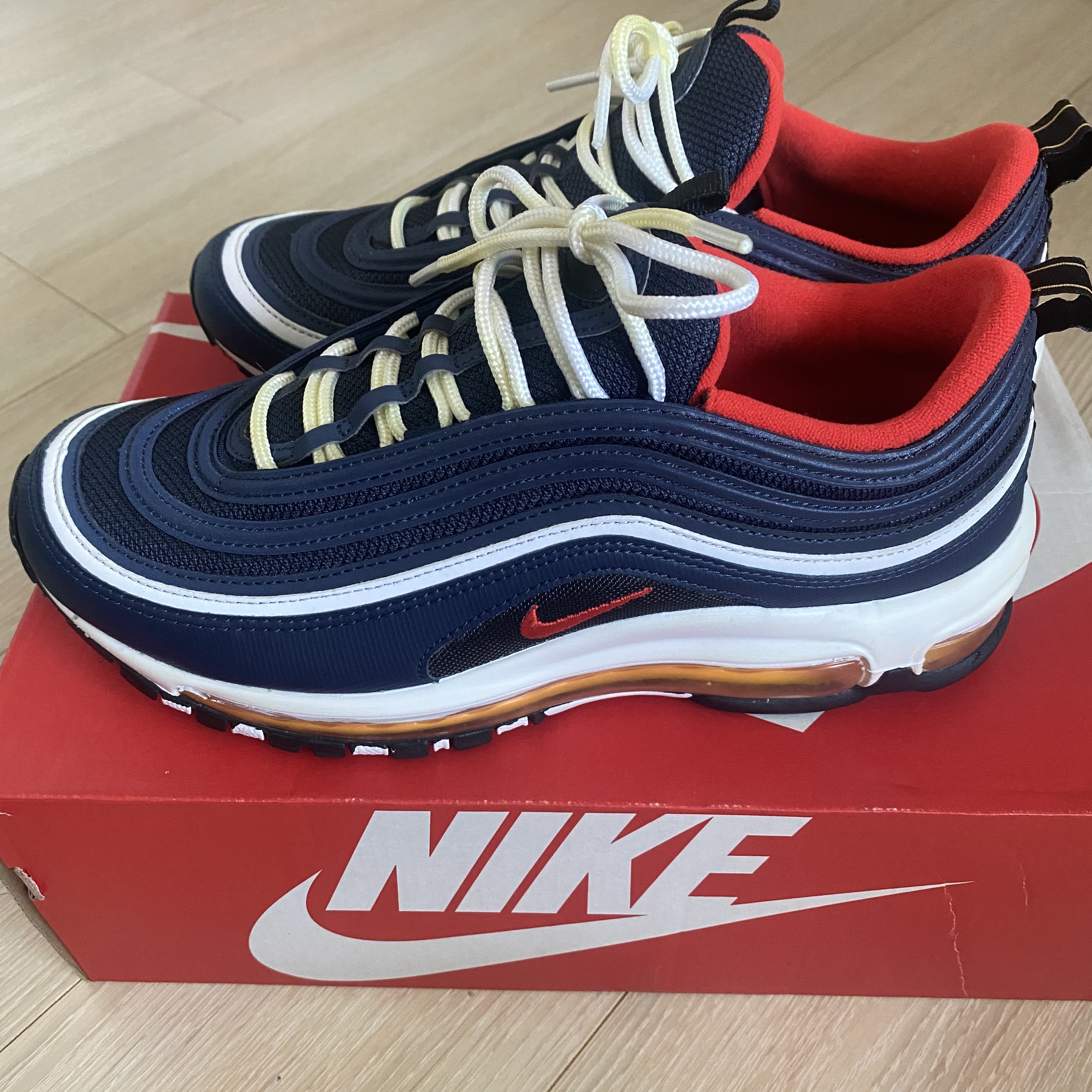 Nike Air Max 97 Midnight Navy Habanero Red 착용 스타일 - 1