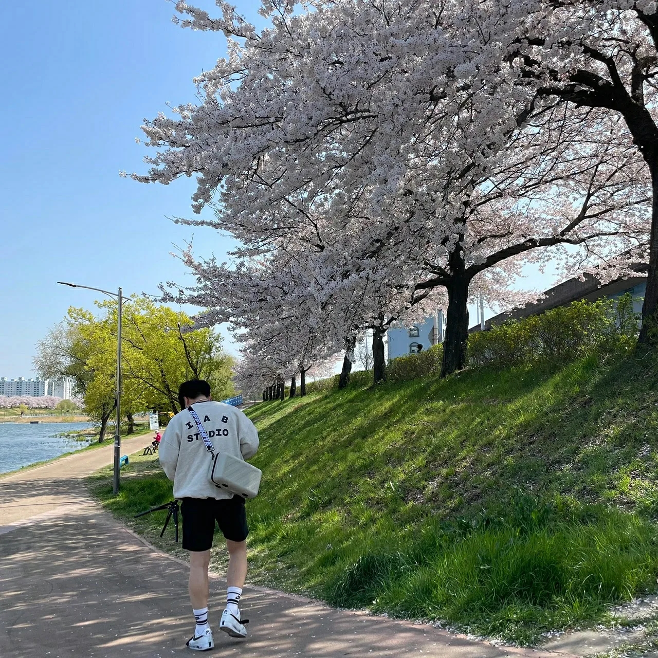 Nike x Peaceminusone Air Force 1 Low Para-Noise 2.0, IAB Studio Sweatshirt Oatmeal Navy 착용 스타일 - 3