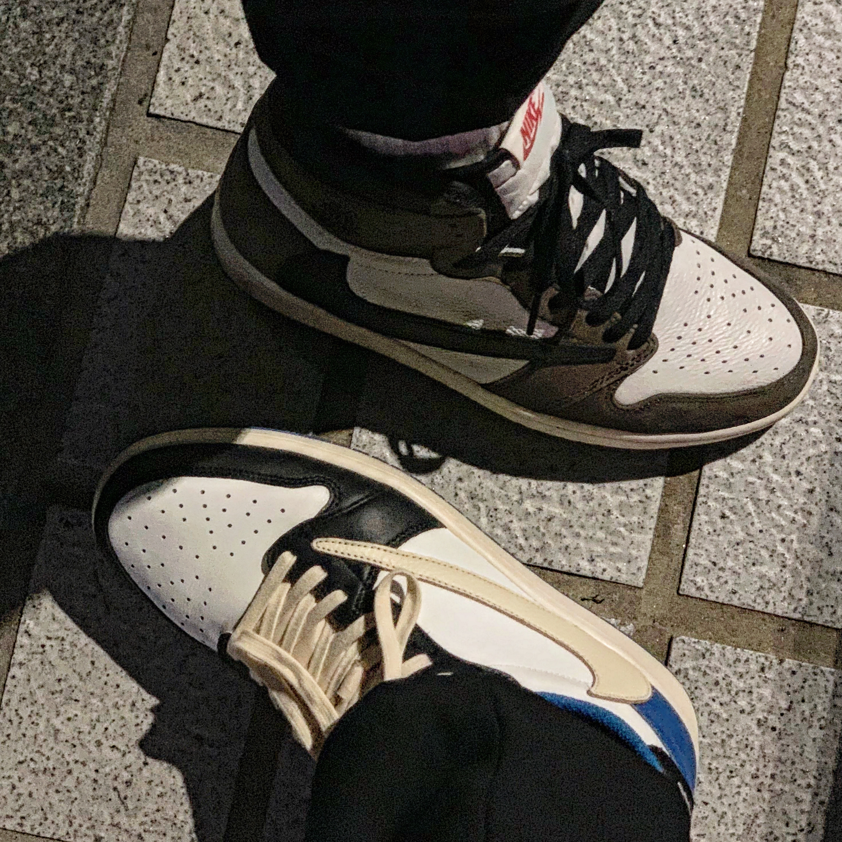 Jordan 1 x Travis Scott Retro High OG SP Mocha, Jordan 1 x Travis Scott x Fragment Retro Low OG SP Military Blue 착용 스타일