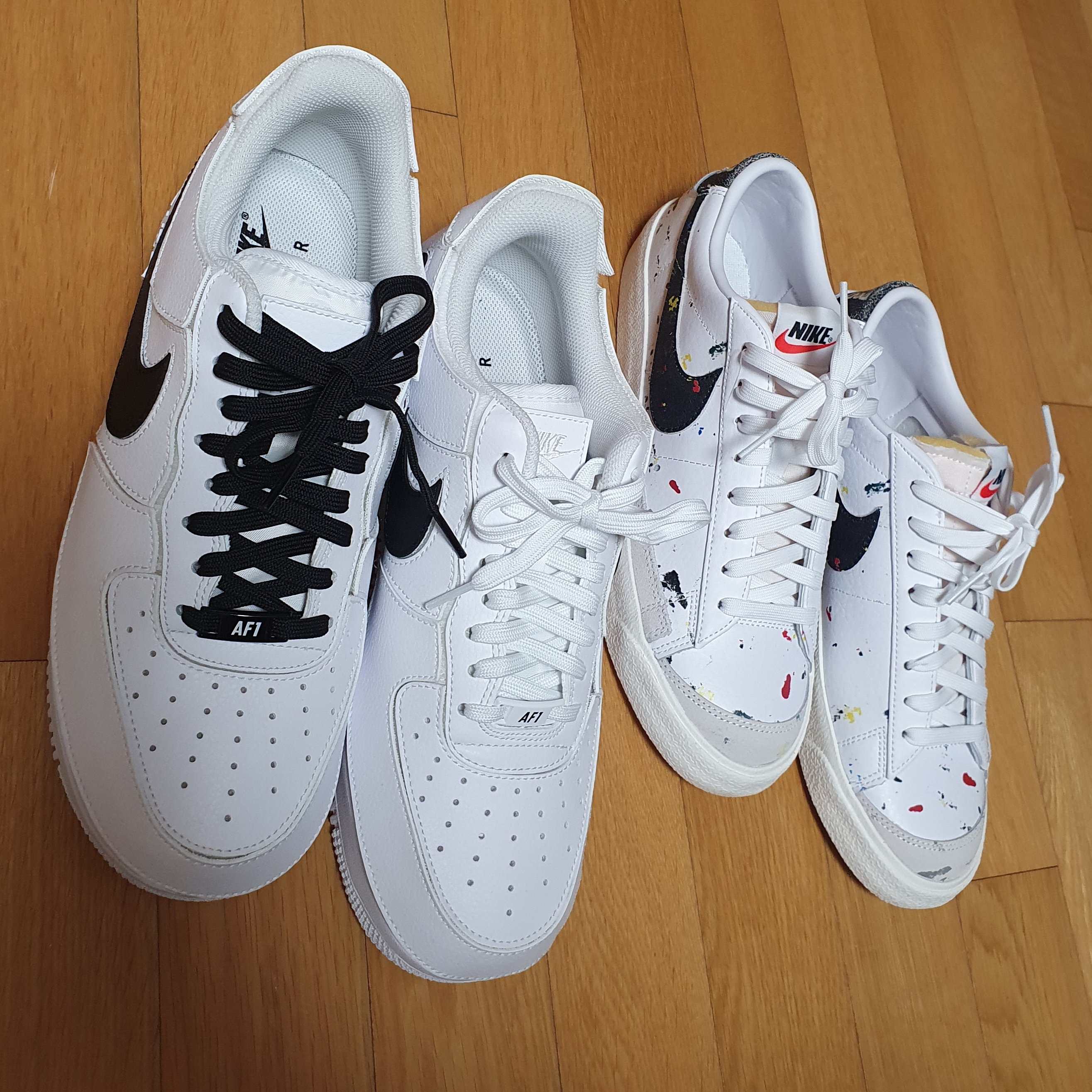 Nike Air Force 1/1 Triple White, Nike Blazer Low '77 Paint Splatter 착용 스타일