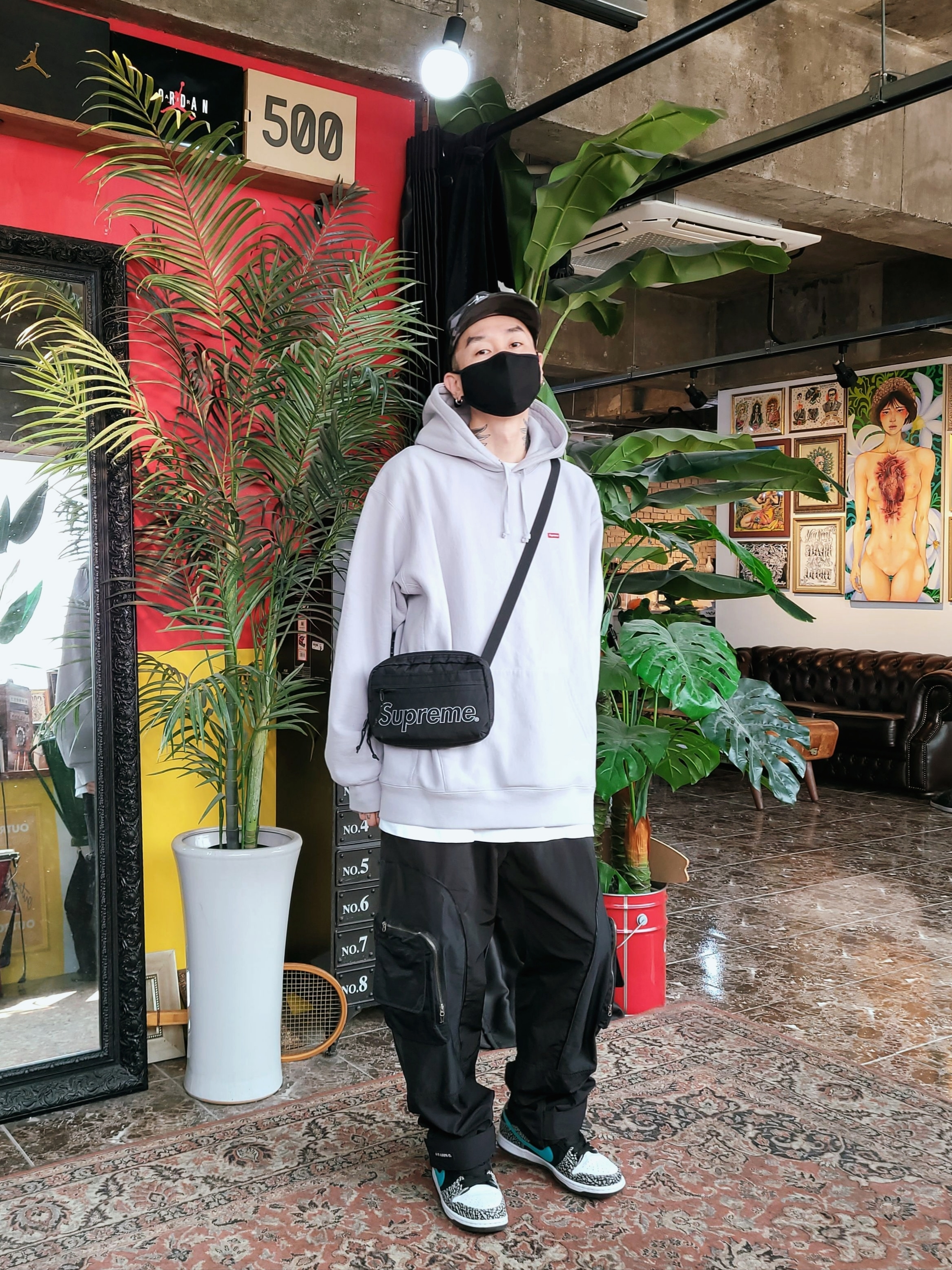 Stussy x BAPE Trucker Cap Black, Supreme Small Box Hooded Sweatshirt Grey - 21SS 착용 스타일
