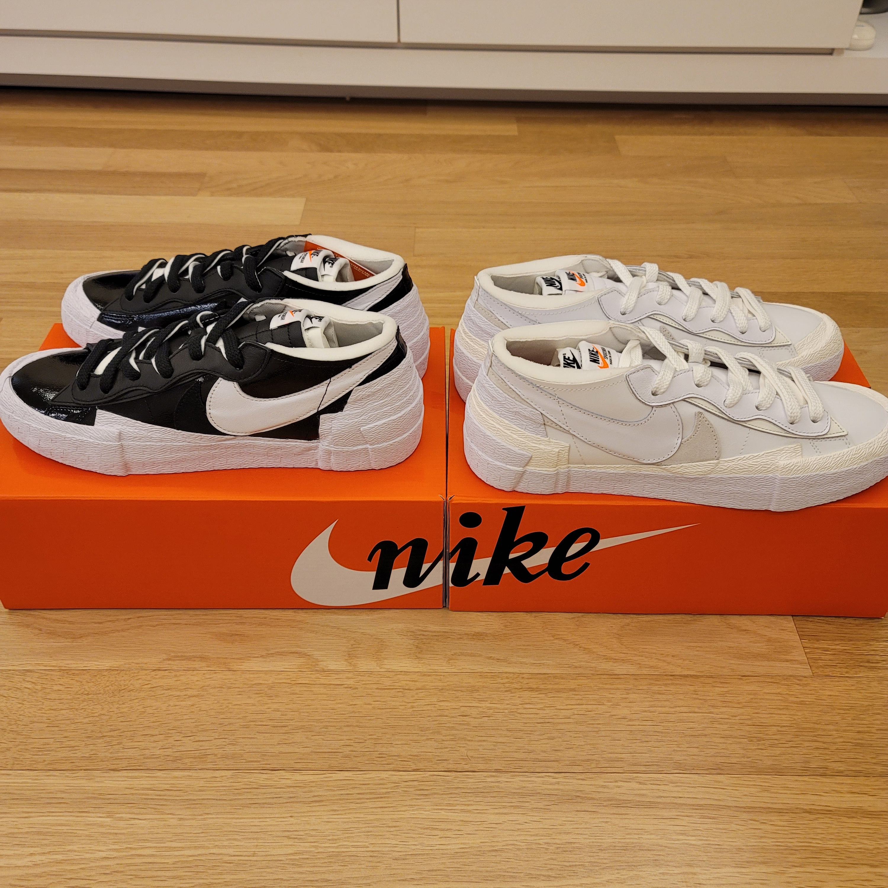 Nike x Sacai Blazer Low White Patent Leather, Nike x Sacai Blazer Low Black Patent Leather 착용 스타일