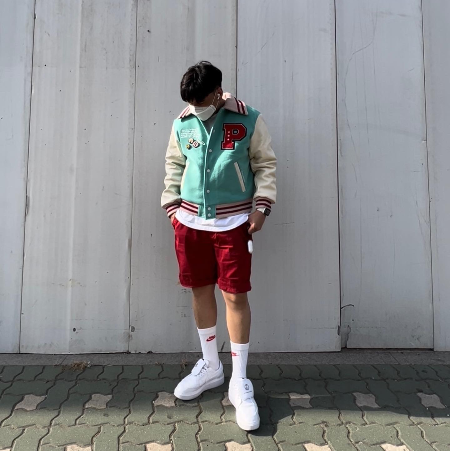 Peaceminusone Varsity Jacket #1 Mint, Nike x Peaceminusone Kwondo1 White 착용 스타일 - 2