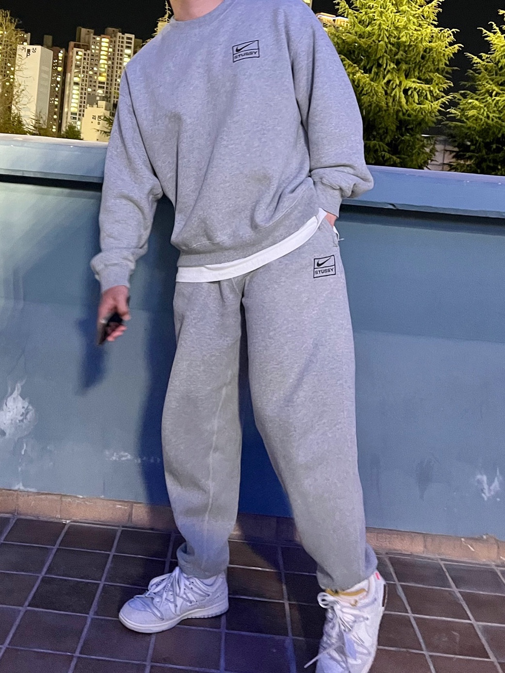 Nike x Stussy NRG BR Crew Fleece Grey, Nike x Stussy NRG BR Fleece Pants Grey 착용 스타일