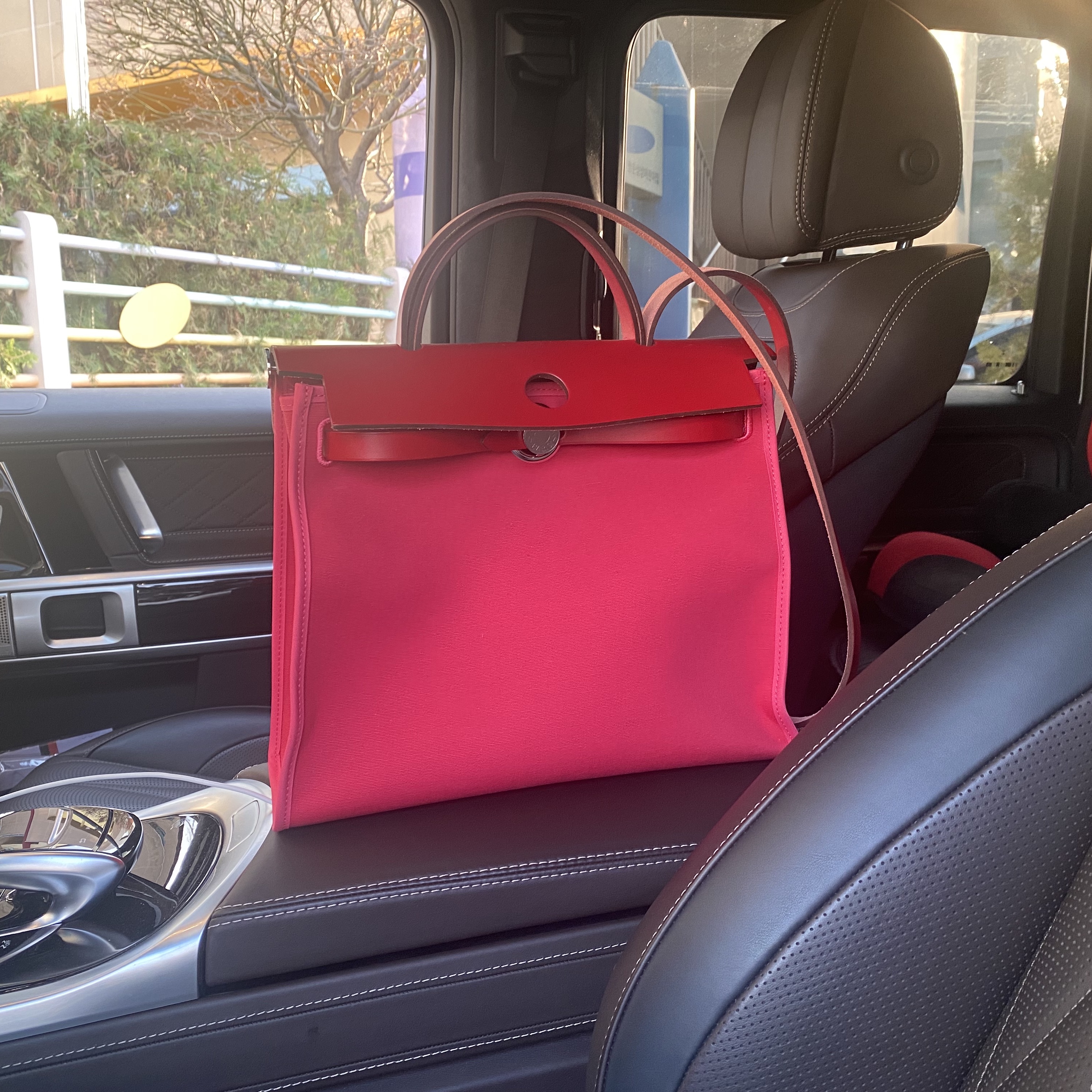 Hermes Herbag Zip 31 Bag Sellier Canvas & Palladium Rouge Venitien Rose Extreme 착용 스타일