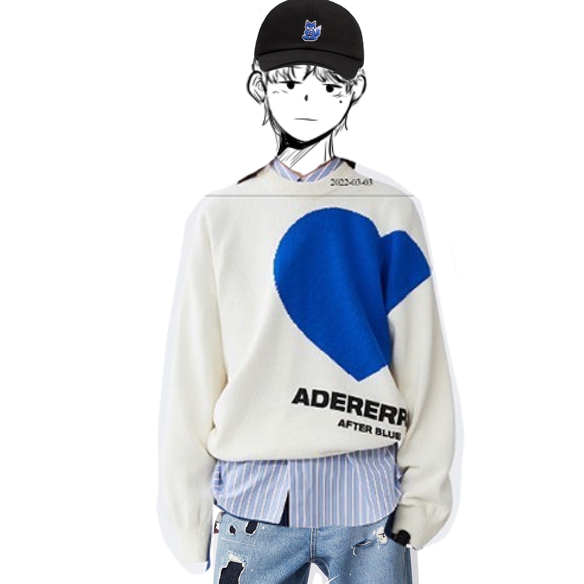 Maison Kitsune x Ader Error Meditation Fox Cap Black, Ader Error Twin Heart Logo Knit Ivory 착용 스타일