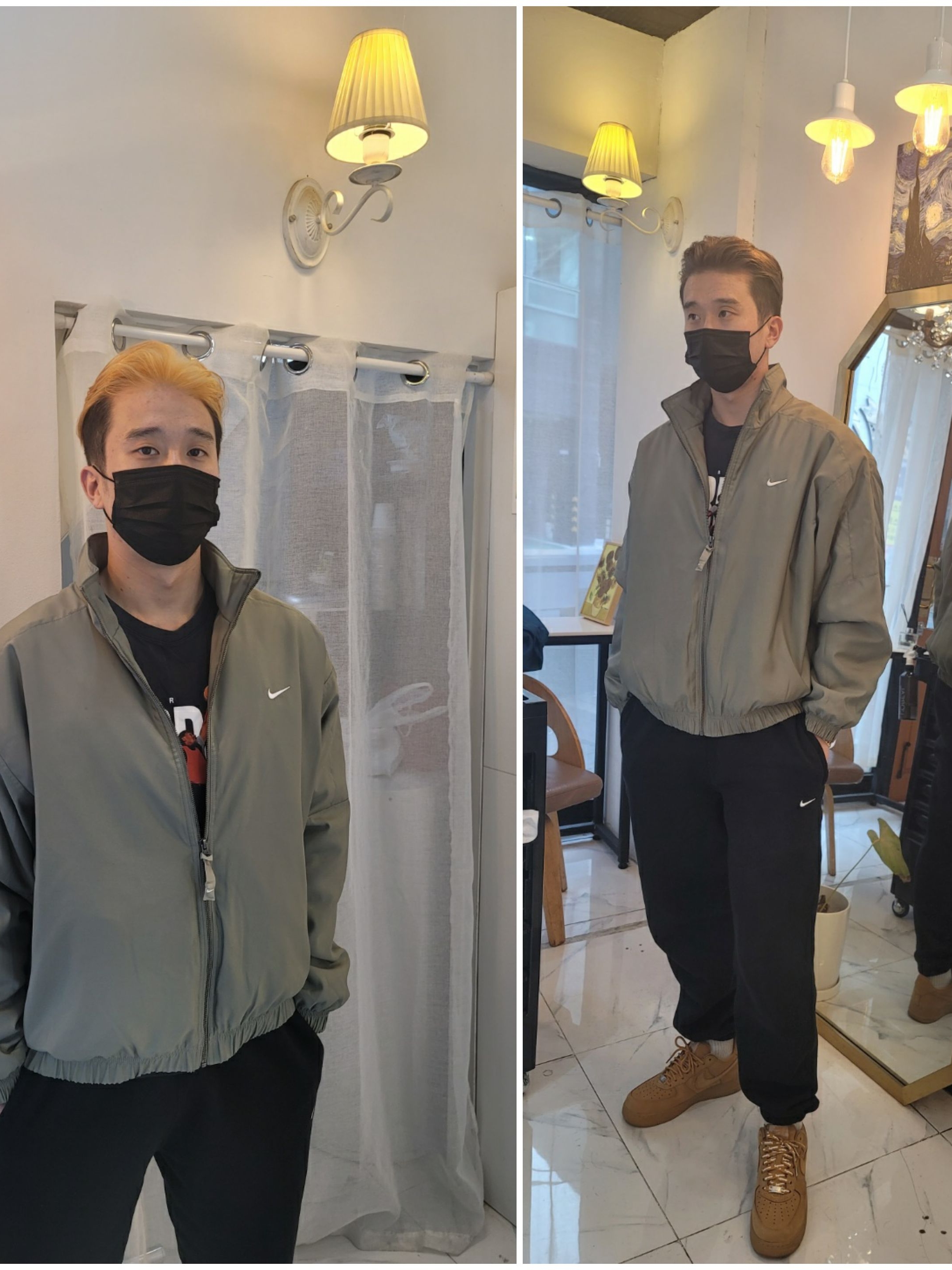 Nike NRG Solo Swoosh Satin Bomber Jacket Light Army - US/EU, Nike NRG Solo Swoosh Fleece Pants Black - US/EU 착용 스타일