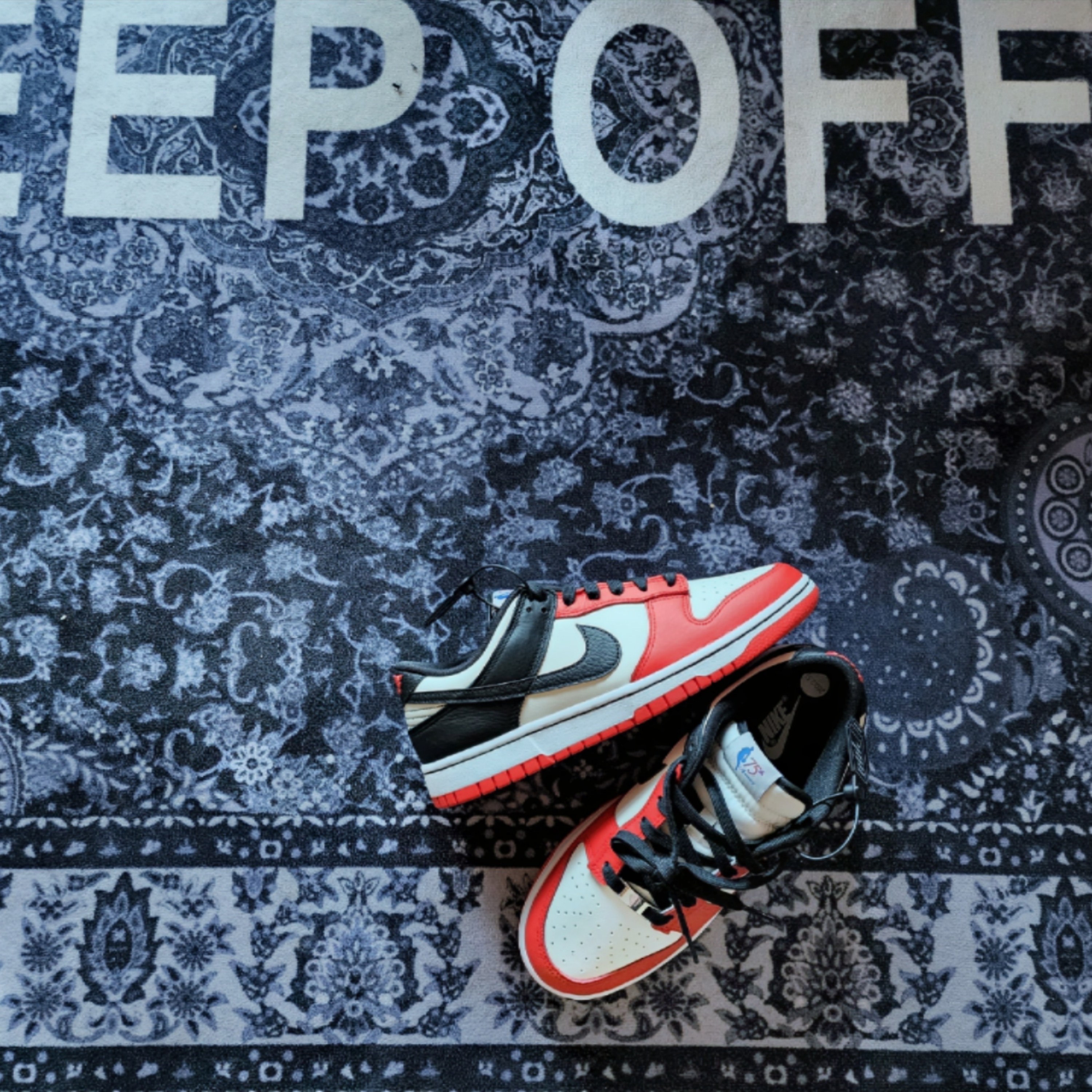 Nike x NBA Dunk Low Retro EMB Black and Chile Red 착용 스타일