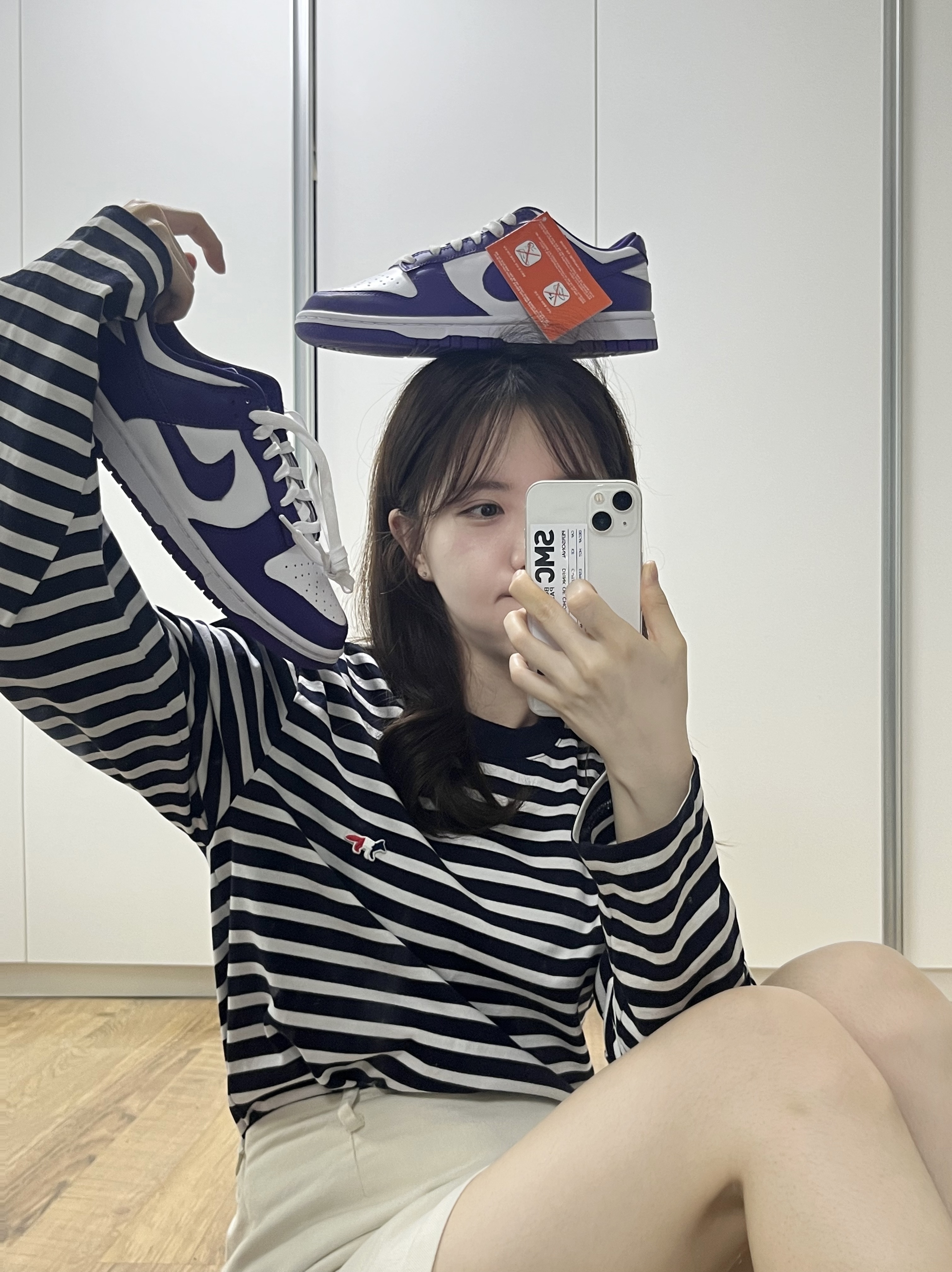 Nike Dunk Low Retro Championship Court Purple, Maison Kitsune Tricolor Fox Patch Classic Marin T-Shirt Black 착용 스타일