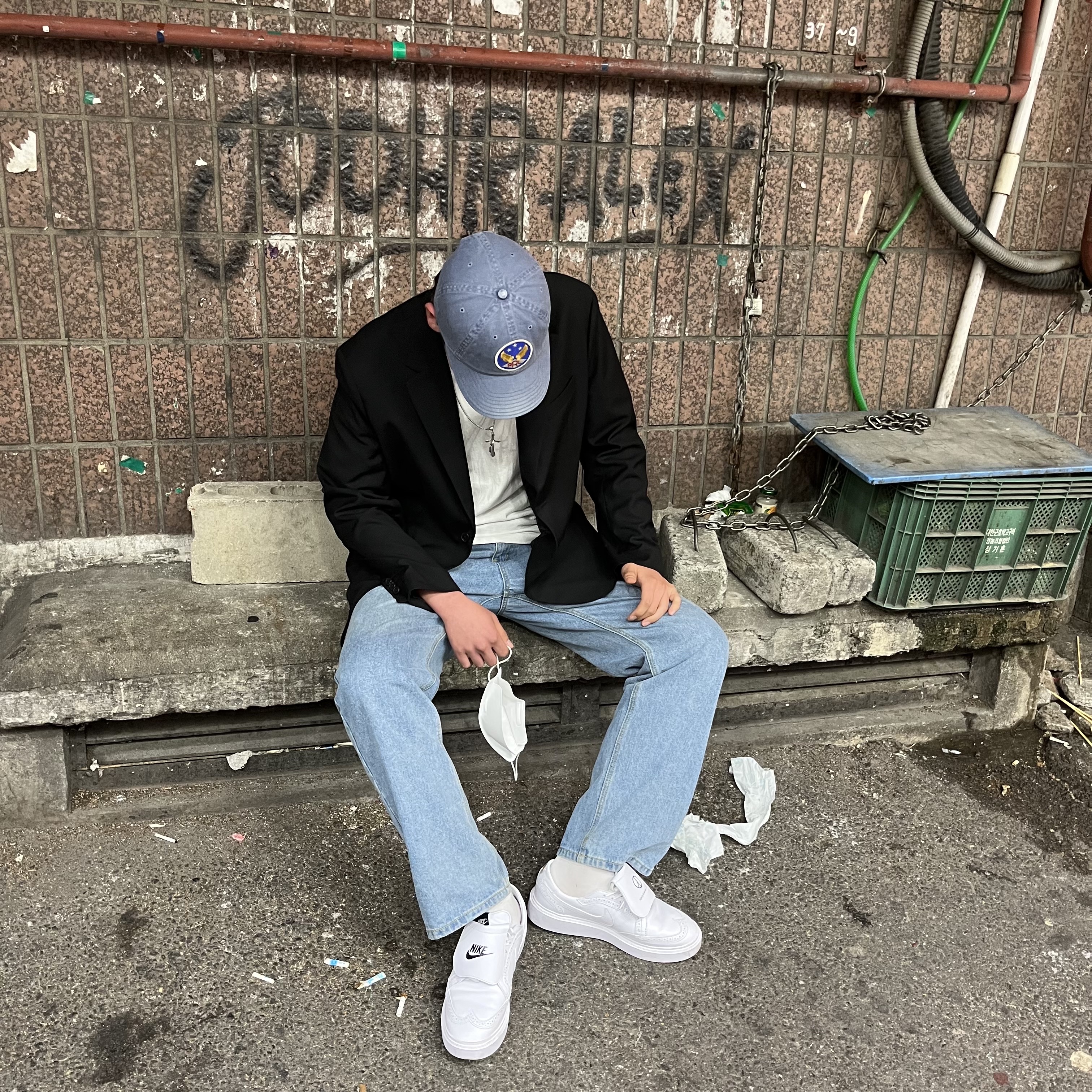 Nike x Peaceminusone Kwondo1 White, Double RL Garment Dyeing Twill Ball Cap Blue 착용 스타일