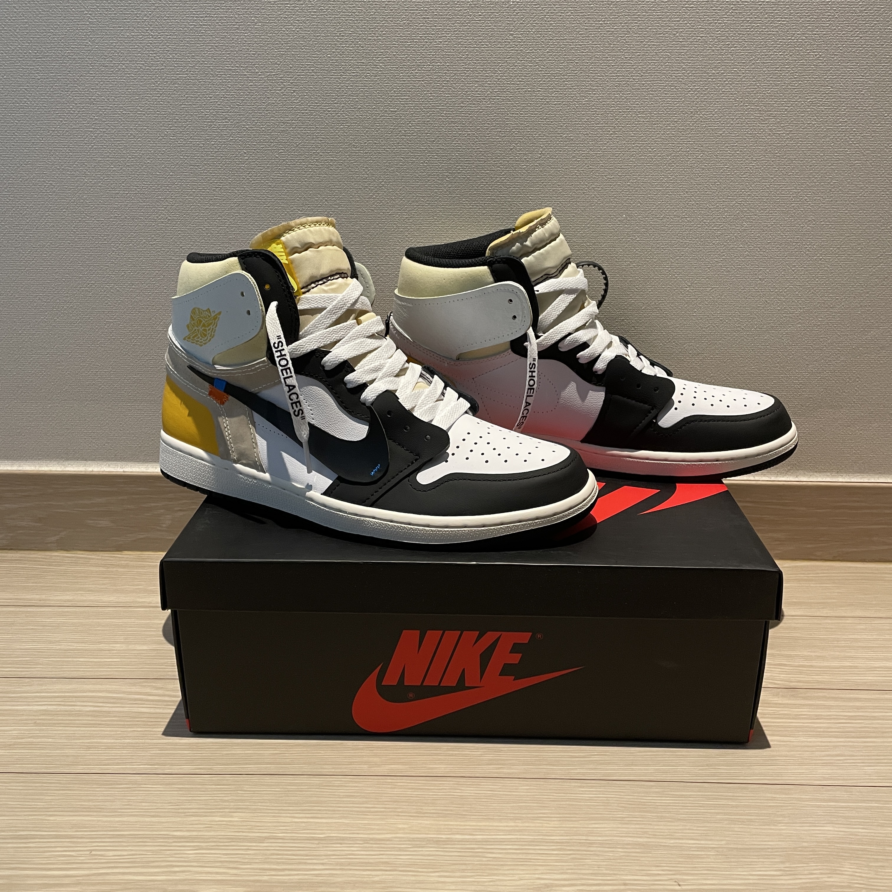 Jordan 1 Retro High OG Volt Gold, Jordan 1 x Off-White Retro High White 착용 스타일 - 4