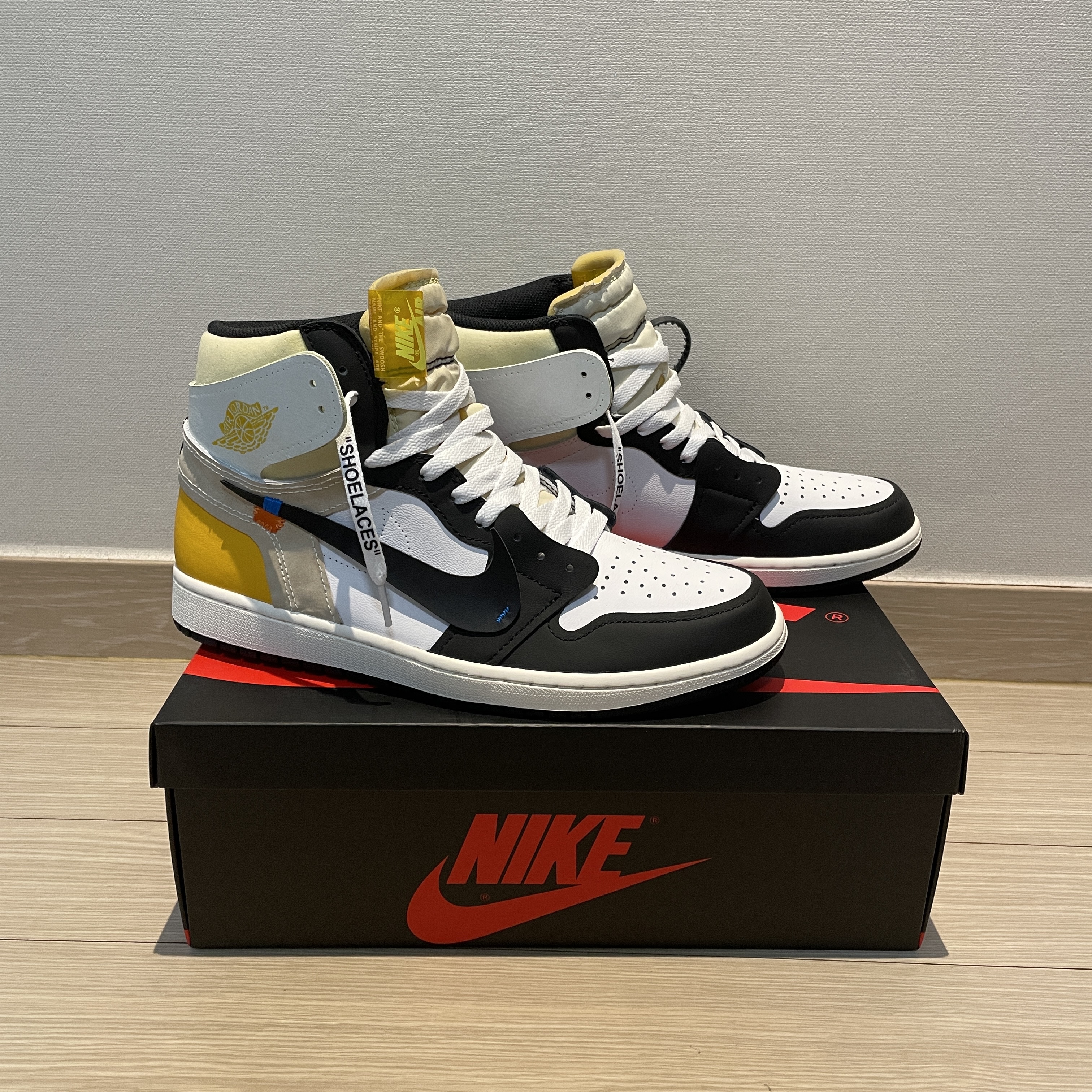 Jordan 1 Retro High OG Volt Gold, Jordan 1 x Off-White Retro High White 착용 스타일 - 2