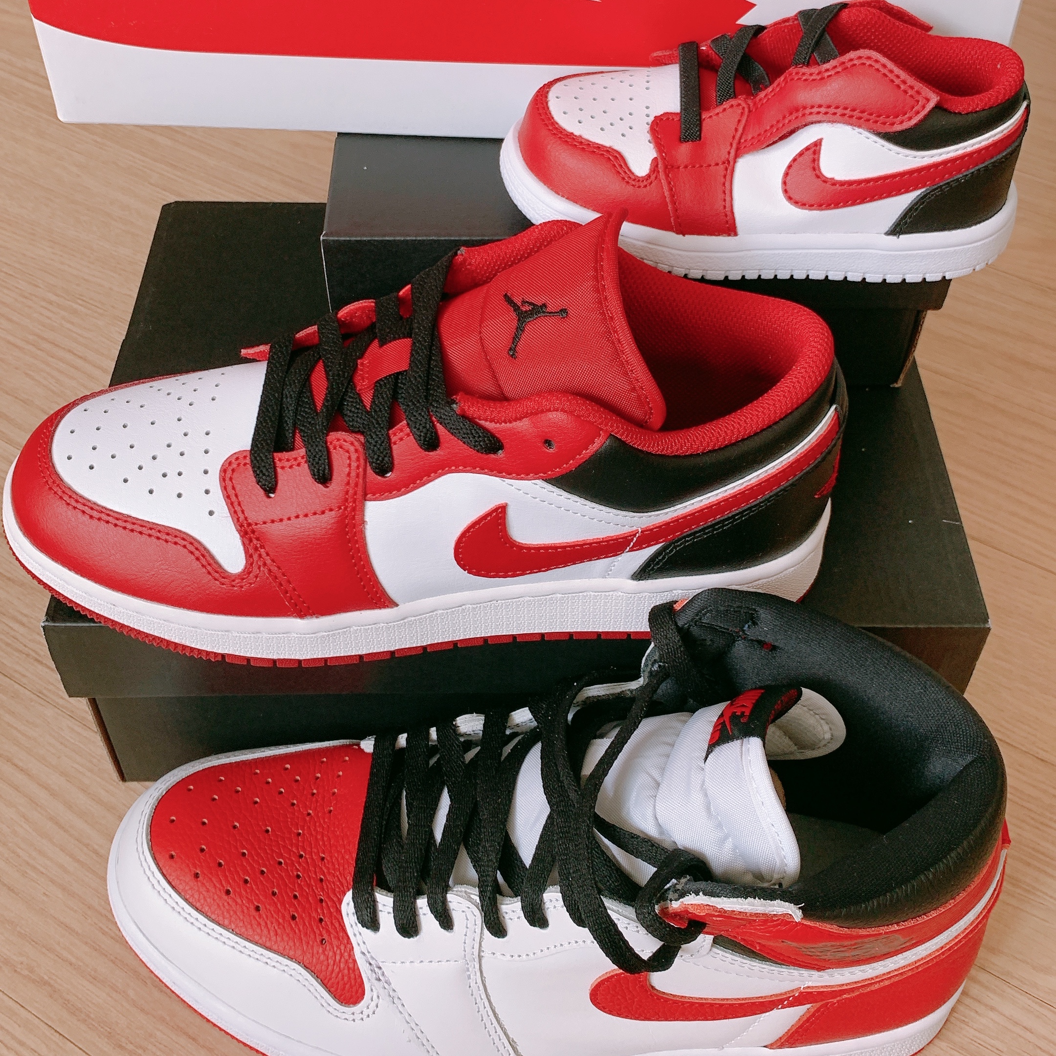 Jordan 1 Retro High OG Heritage, (GS) Jordan 1 Low White Gym Red Black 착용 스타일