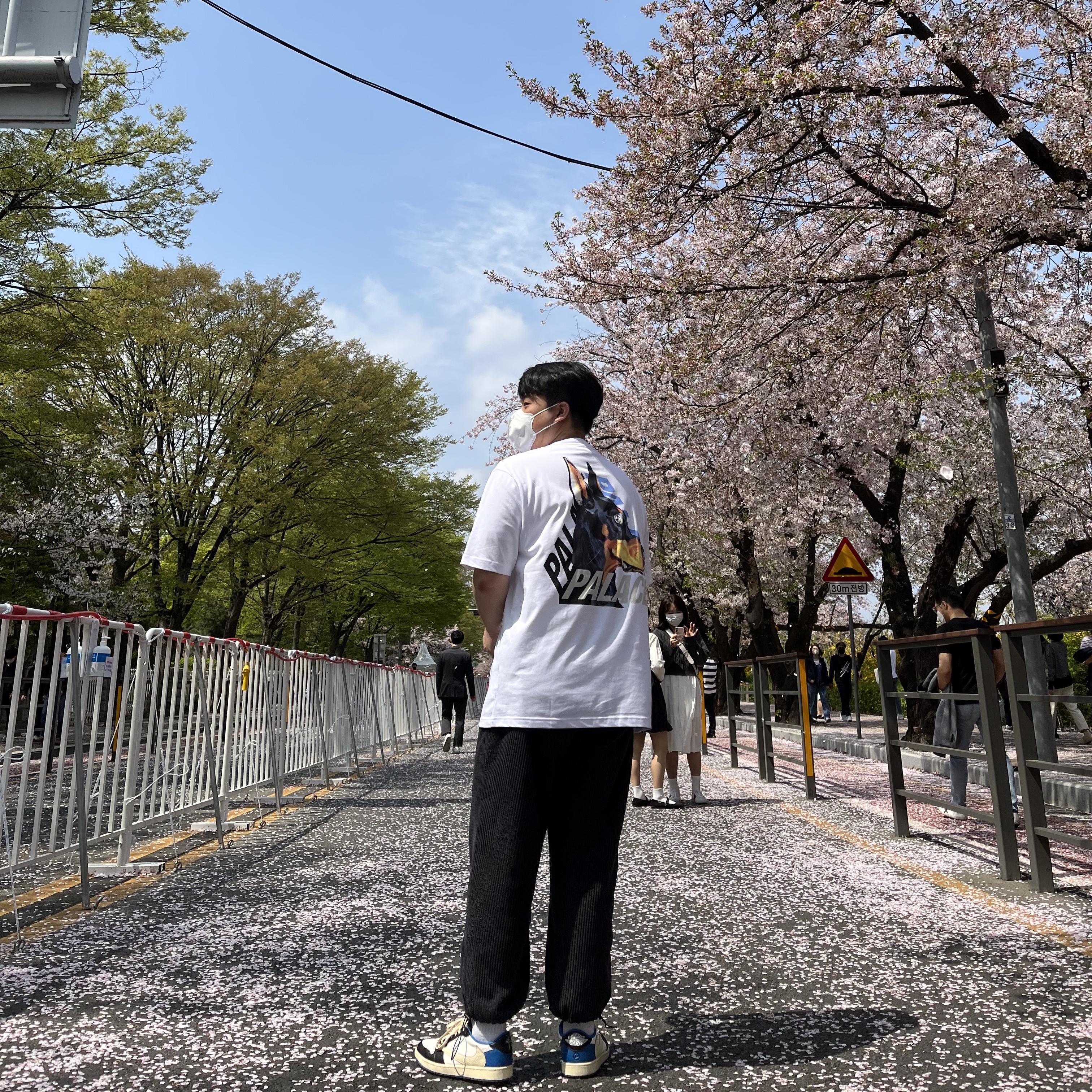 Jordan 1 x Travis Scott x Fragment Retro Low OG SP Military Blue, Palace P-3-K-9 T-Shirt White - 22SS 착용 스타일