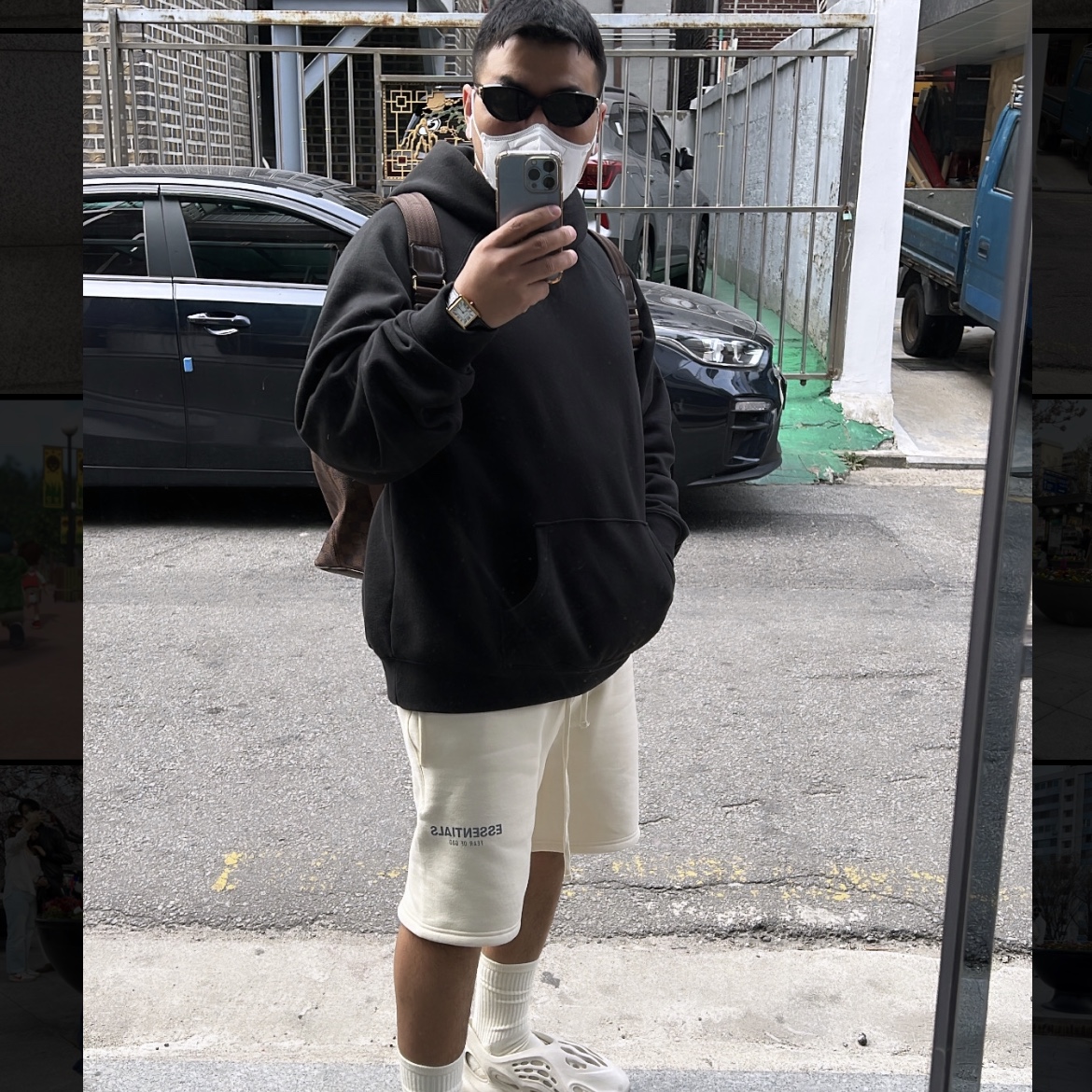 Essentials Sweatshorts Cream - 21SS, Essentials Pull-Over Hoodie Black - 21SS 착용 스타일