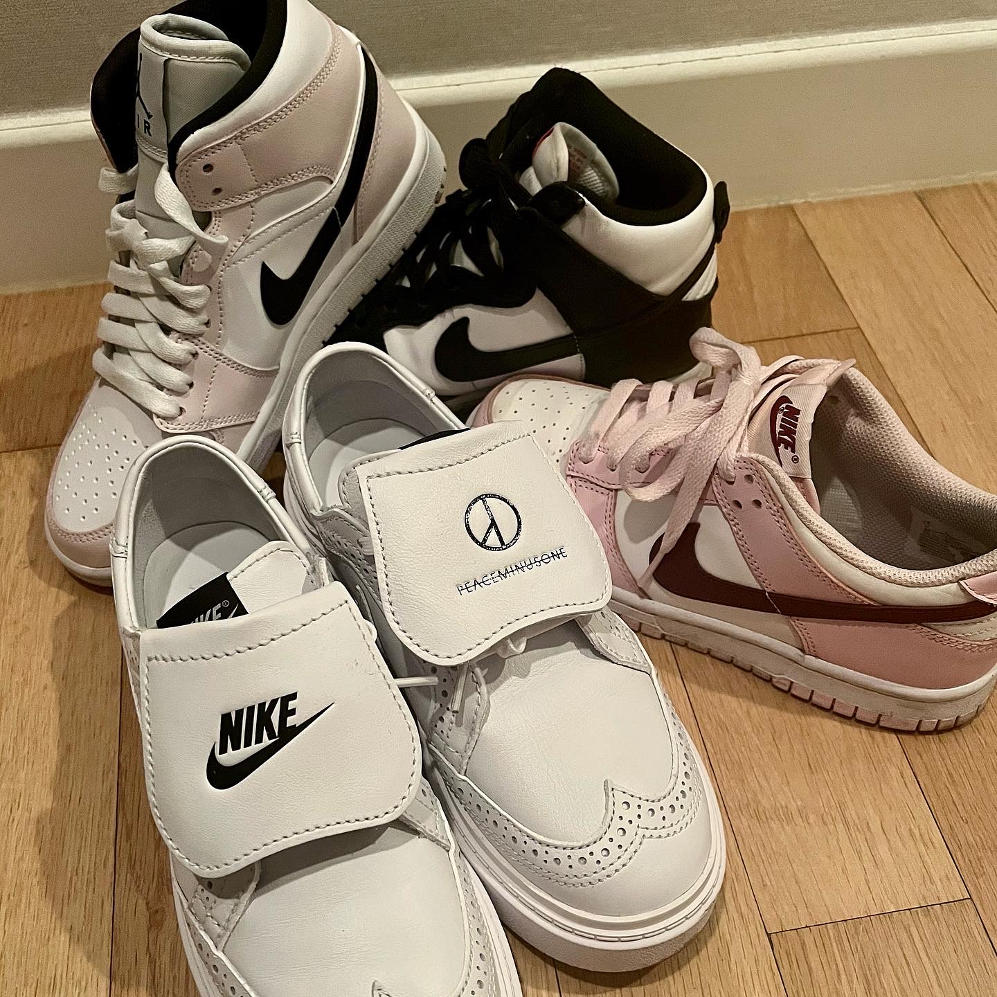 (GS) Nike Dunk Low Pink Foam, Nike x Peaceminusone Kwondo1 White 착용 스타일