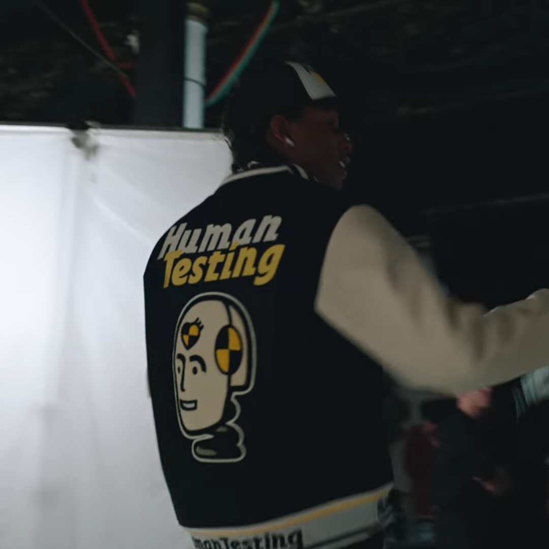 Human Made x A$AP Rocky Human Testing Varsity Jacket Black 착용 스타일 - 2