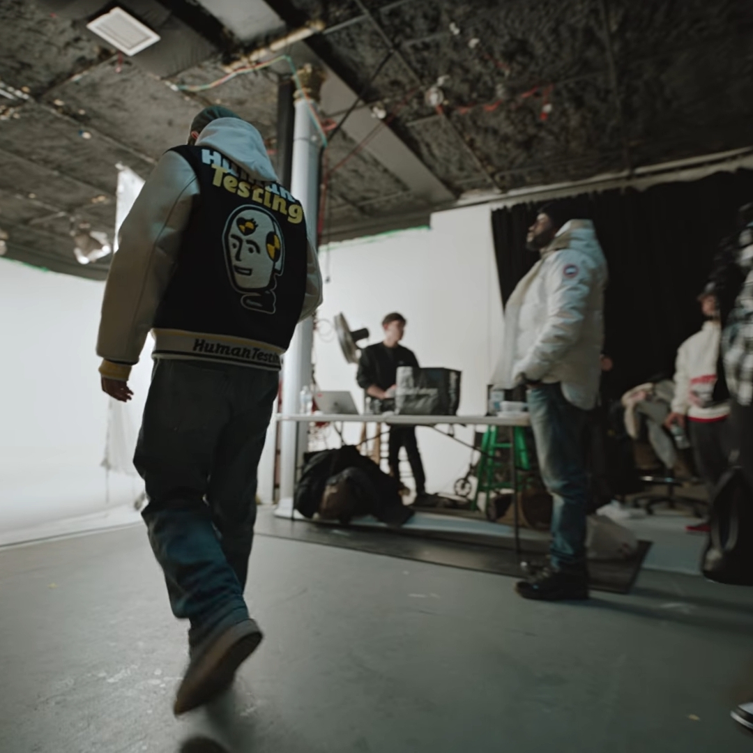 Human Made x A$AP Rocky Human Testing Varsity Jacket Black 착용 스타일 - 4