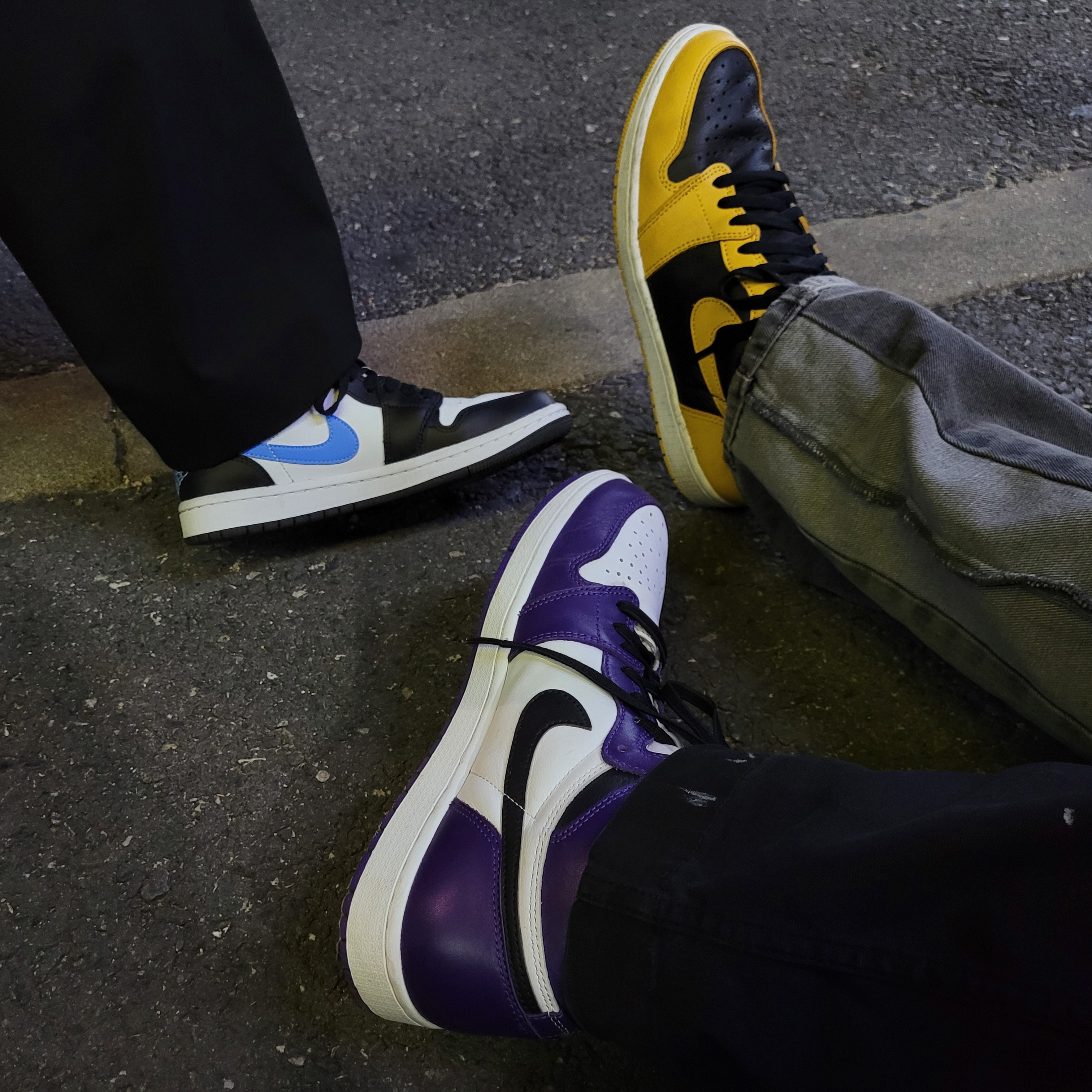 Jordan 1 Retro High OG Pollen, Nike Dunk Low Retro Championship Court Purple 착용 스타일
