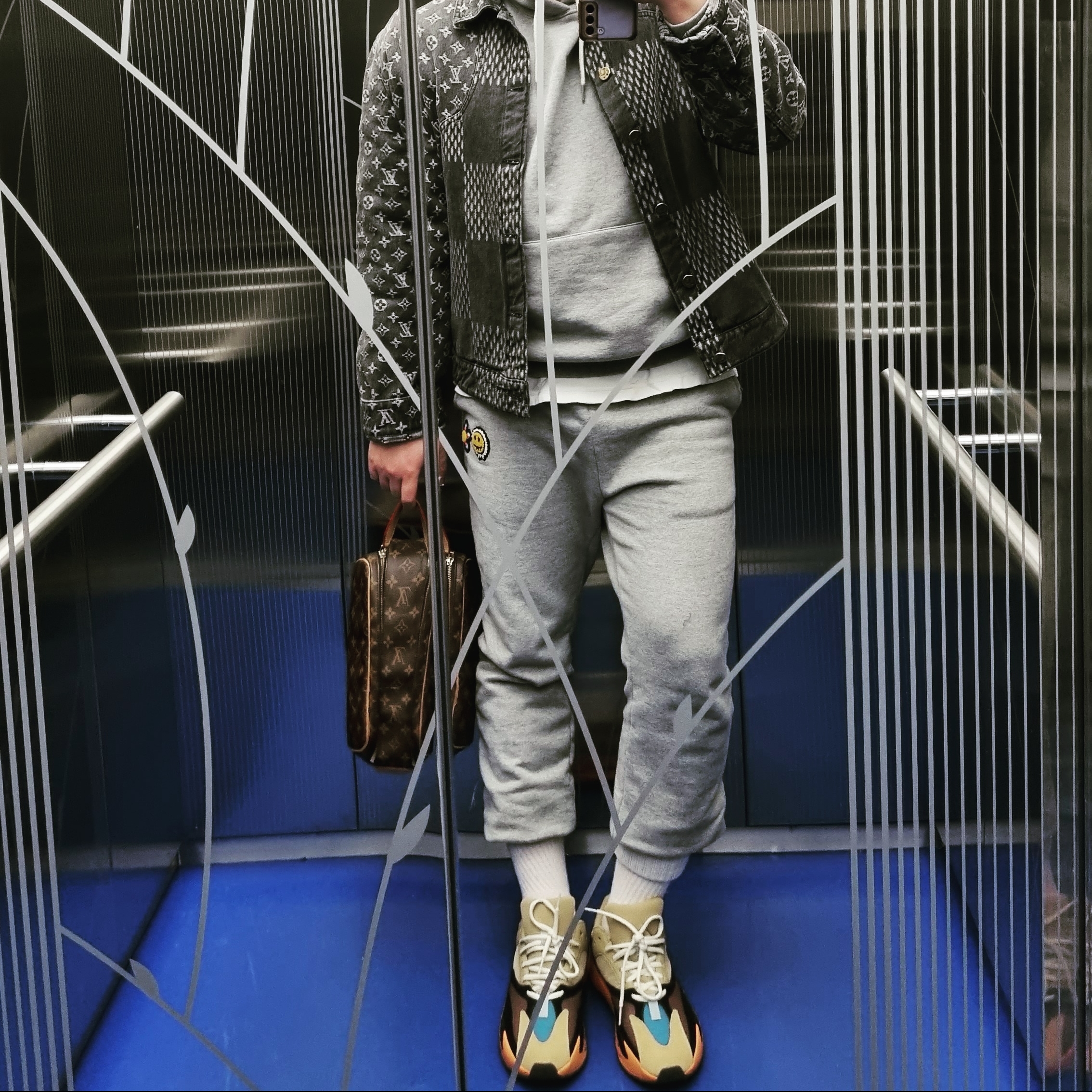Louis Vuitton x Nigo Giant Damier Waves Monogram Denim Jacket Black, Adidas Yeezy Boost 700 Enflame Amber 착용 스타일