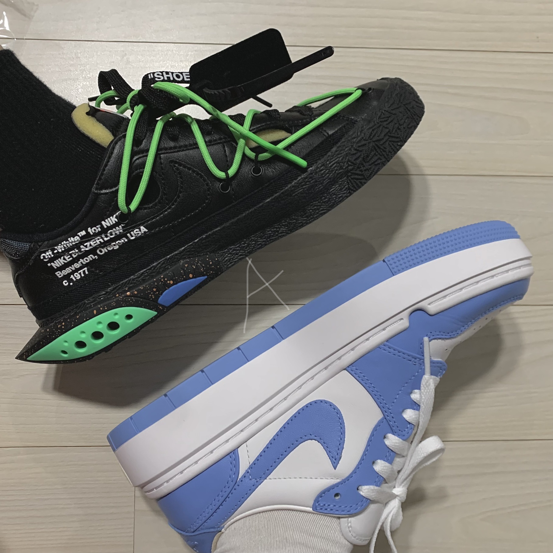 Nike x Off-White Blazer Low '77 Black and Electro Green, (W) Jordan 1 Elevate Low SE University Blue 착용 스타일