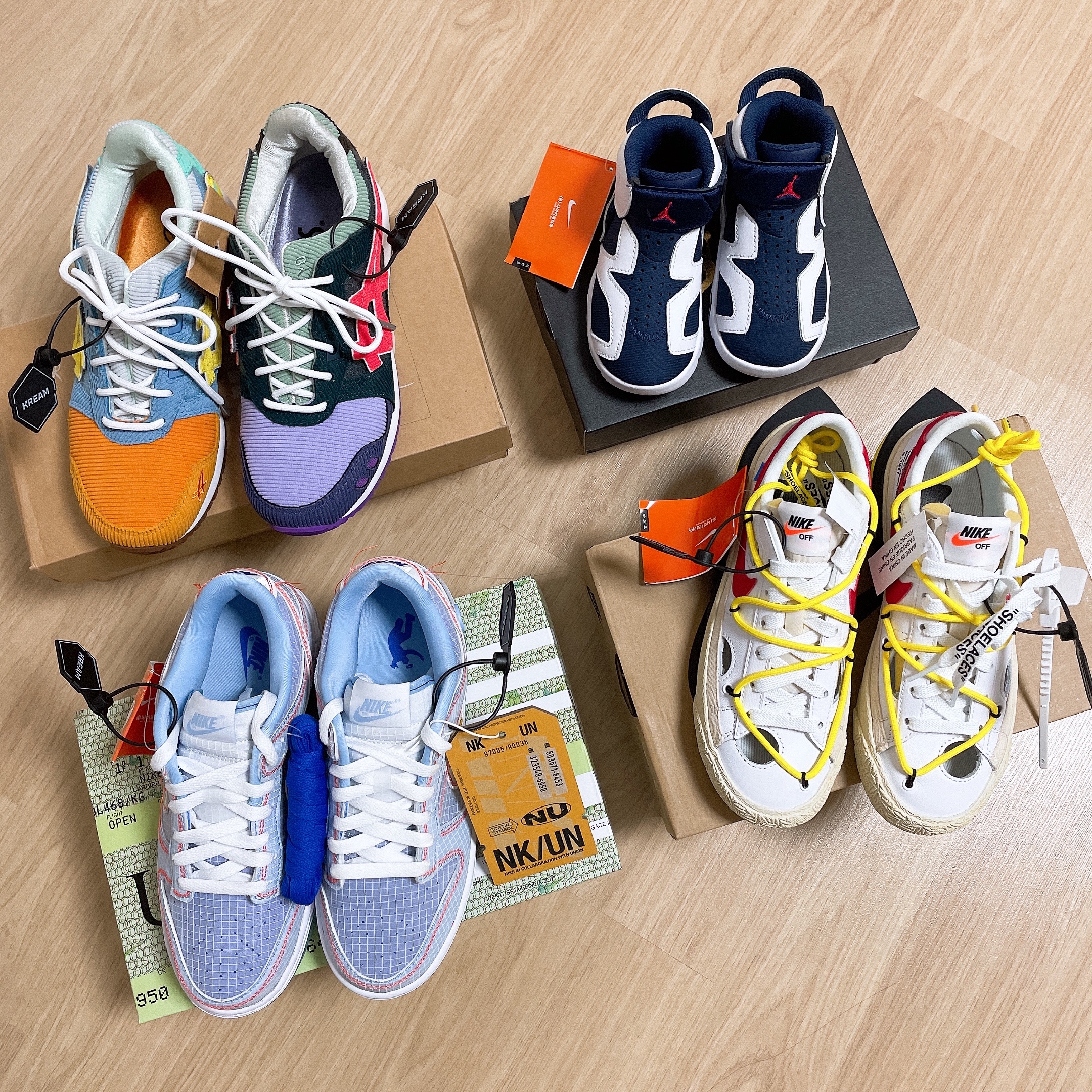 Asics x Atmos x Sean Wotherspoon Gel-Lyte III OG Corduroy, Nike x Union Dunk Low Passport Pack Argon 착용 스타일