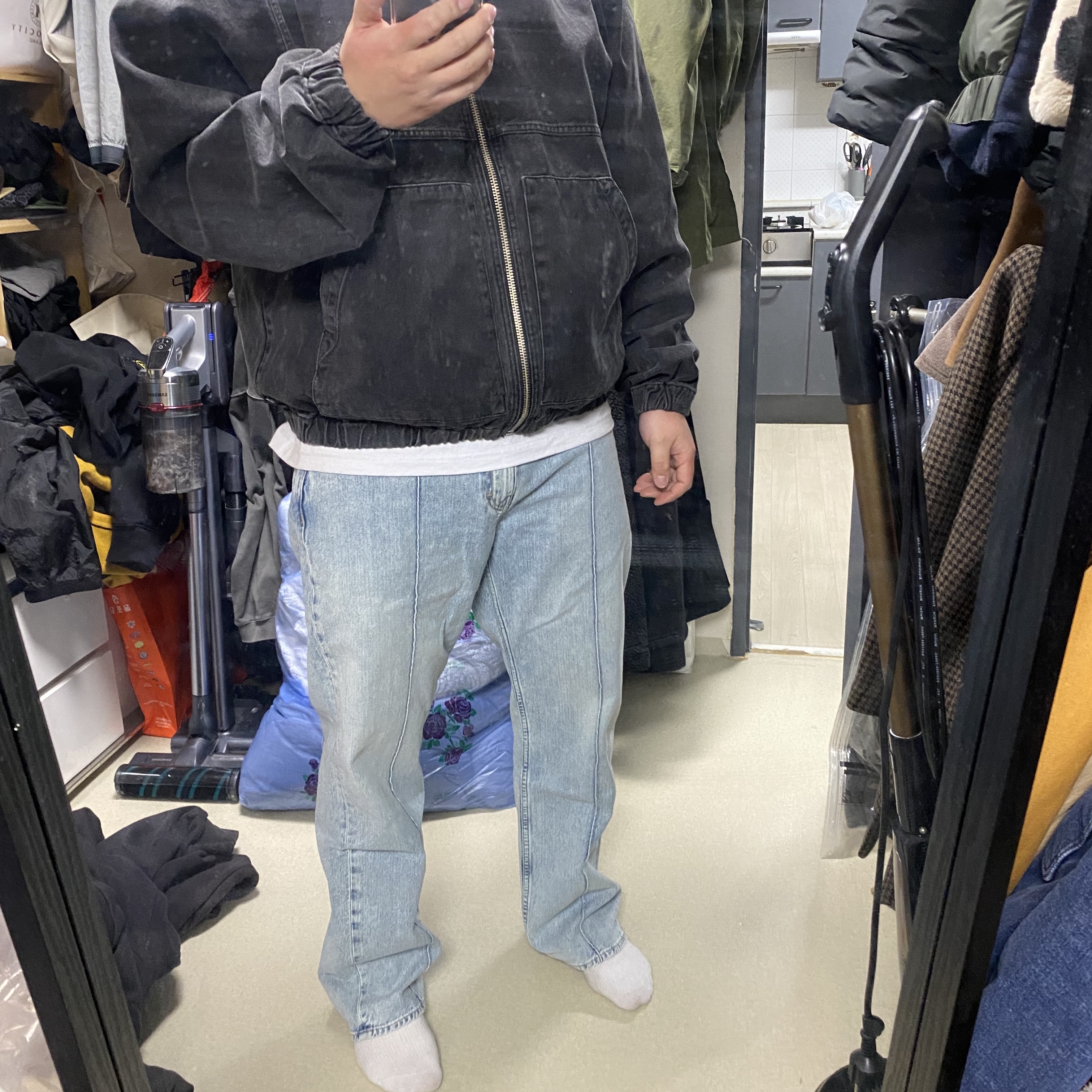 Our Legacy Formal Cut Antique Crease Wash, Stussy Denim Work Jacket Black 착용 스타일 - 1